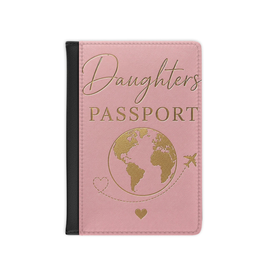 Daughters Passport Cover – Pink Travel Passport Holder with Gold Globe & Heart Design