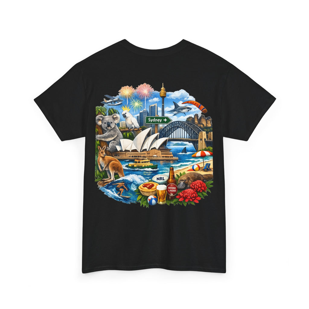 T-Shirt — Sydney Landmark Collage Tee (Opera House, Harbour Bridge, Koala & Beach Scene)
