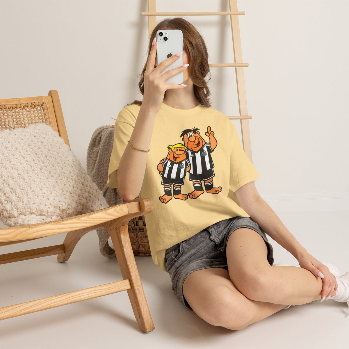 Newcastle United Flintstones Cartoon Cotton T-Shirt / Tee — Retro Striped Jersey Illustrations