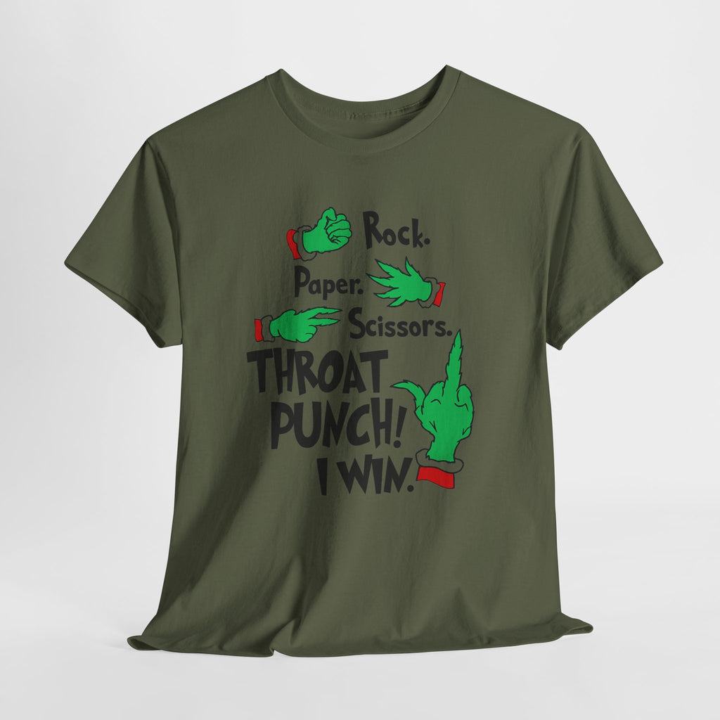 Funny Holiday Tee — "Rock. Paper. Scissors. Throat Punch! I Win" Graphic T-Shirt