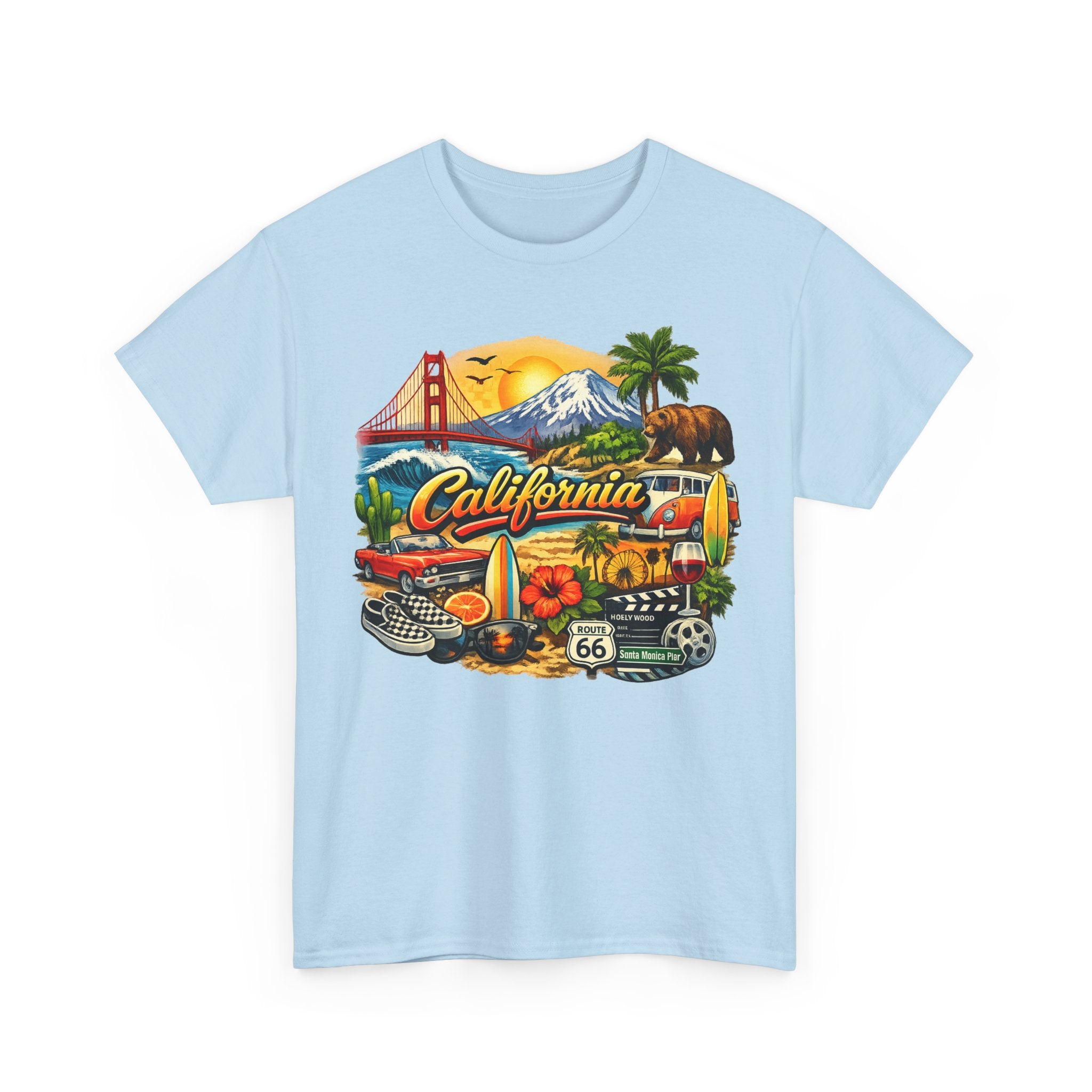 California Vintage Travel T-Shirt — Golden Gate, Palm Trees & Route 66 Tee