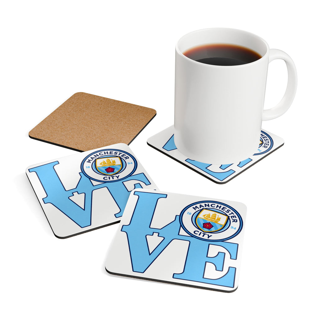 Manchester City 'LOVE' Cork Coaster Set — Football Fan Drink Coasters (4-Pack)