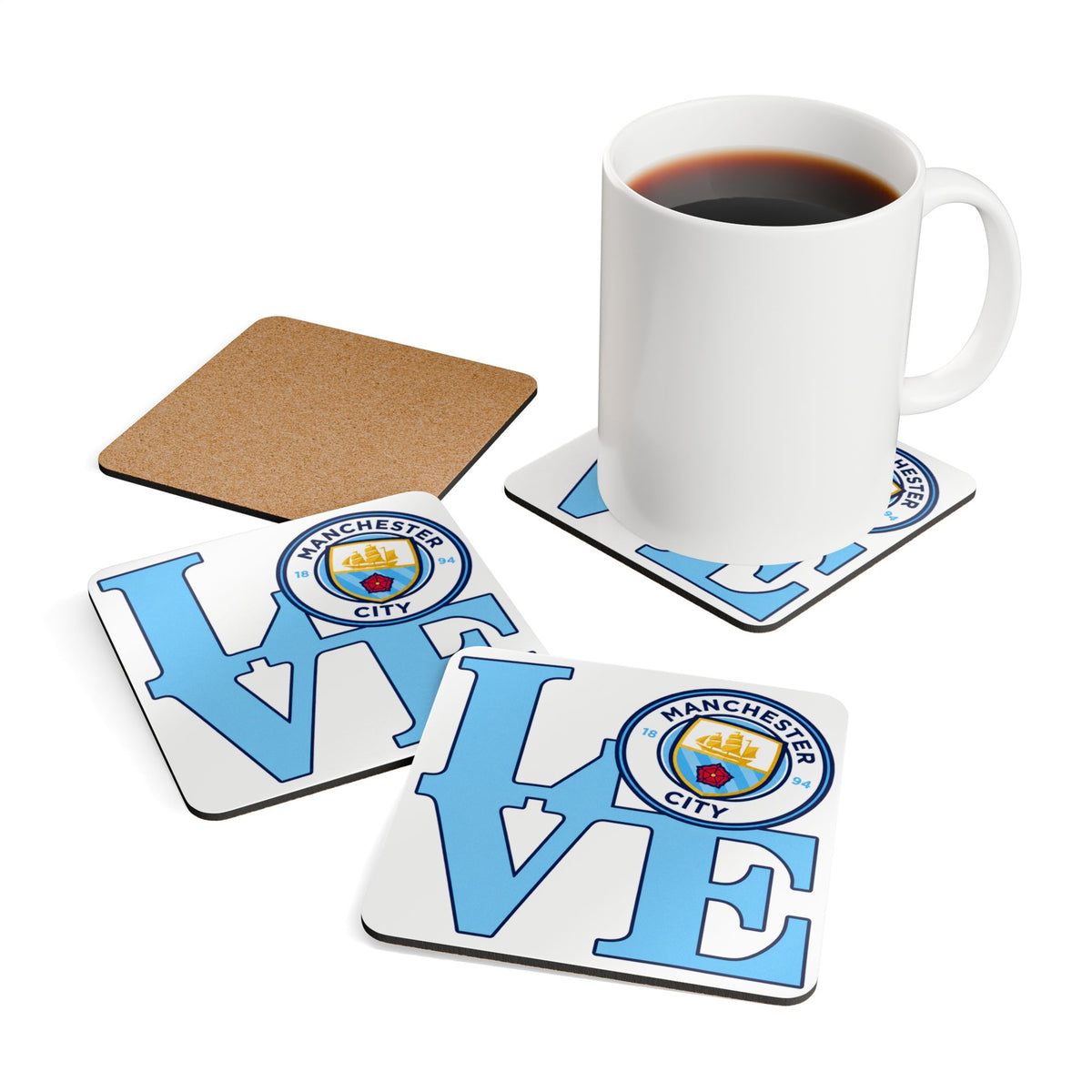 Manchester City 'LOVE' Cork Coaster Set — Football Fan Drink Coasters (4-Pack)