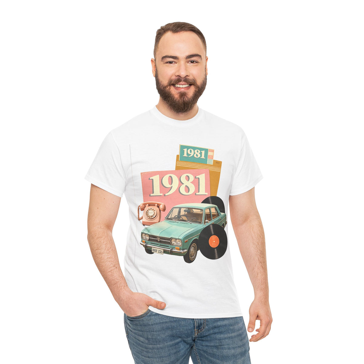 1981 Retro Car Tee — Vintage 80s Birthday T-Shirt with Record & Telephone Design