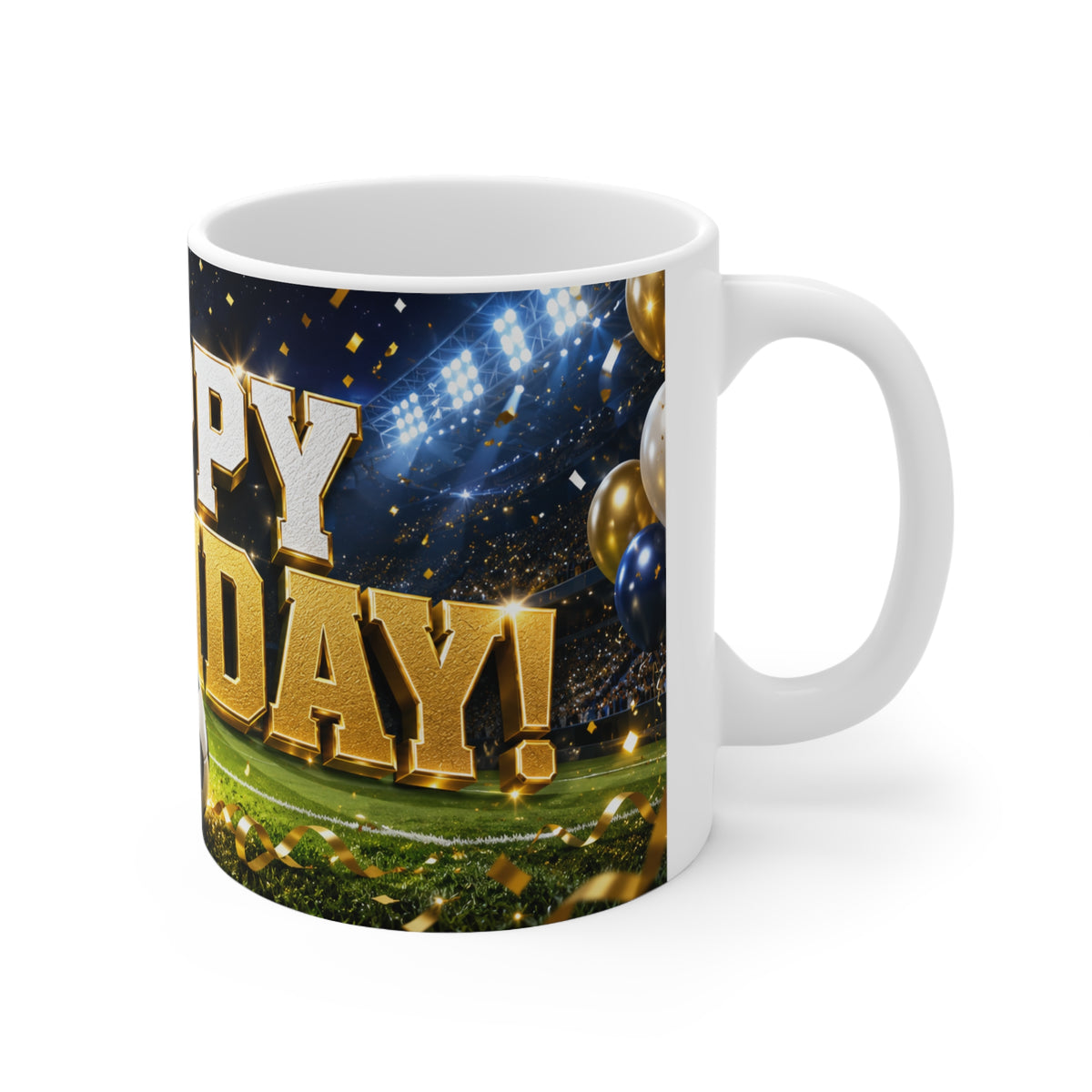 Happy Birthday Soccer Fan Ceramic Mug — Gold Stadium Football Birthday Coffee Cup