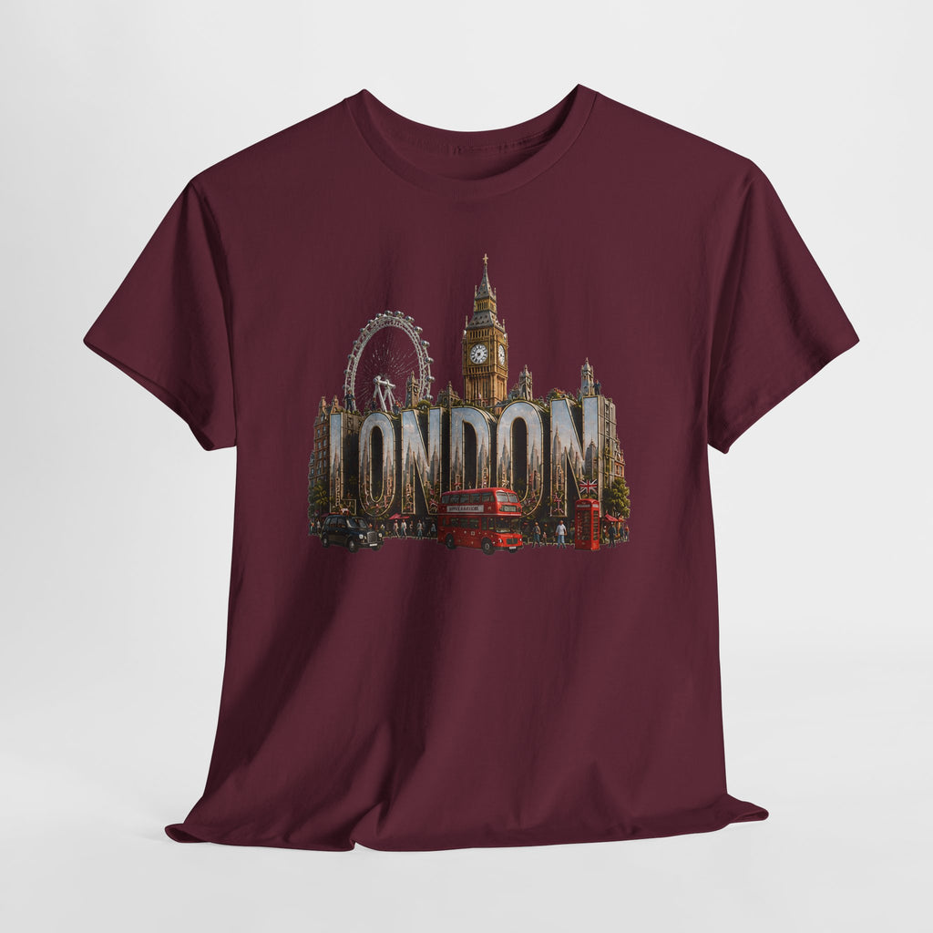 London Skyline T-Shirt — London Text with Big Ben & London Eye Graphic