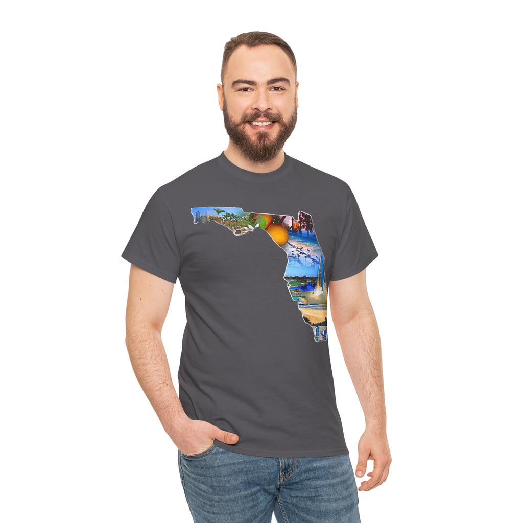 Florida State Shape T-Shirt — Scenic Beach & Sunset Map Tee