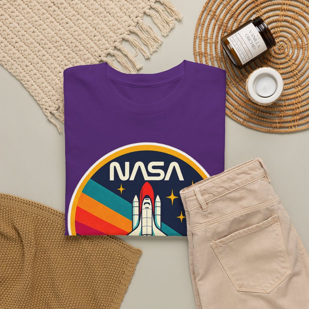 NASA Retro Rocket T‑Shirt — Vintage Space Shuttle Tee with Rainbow Trail