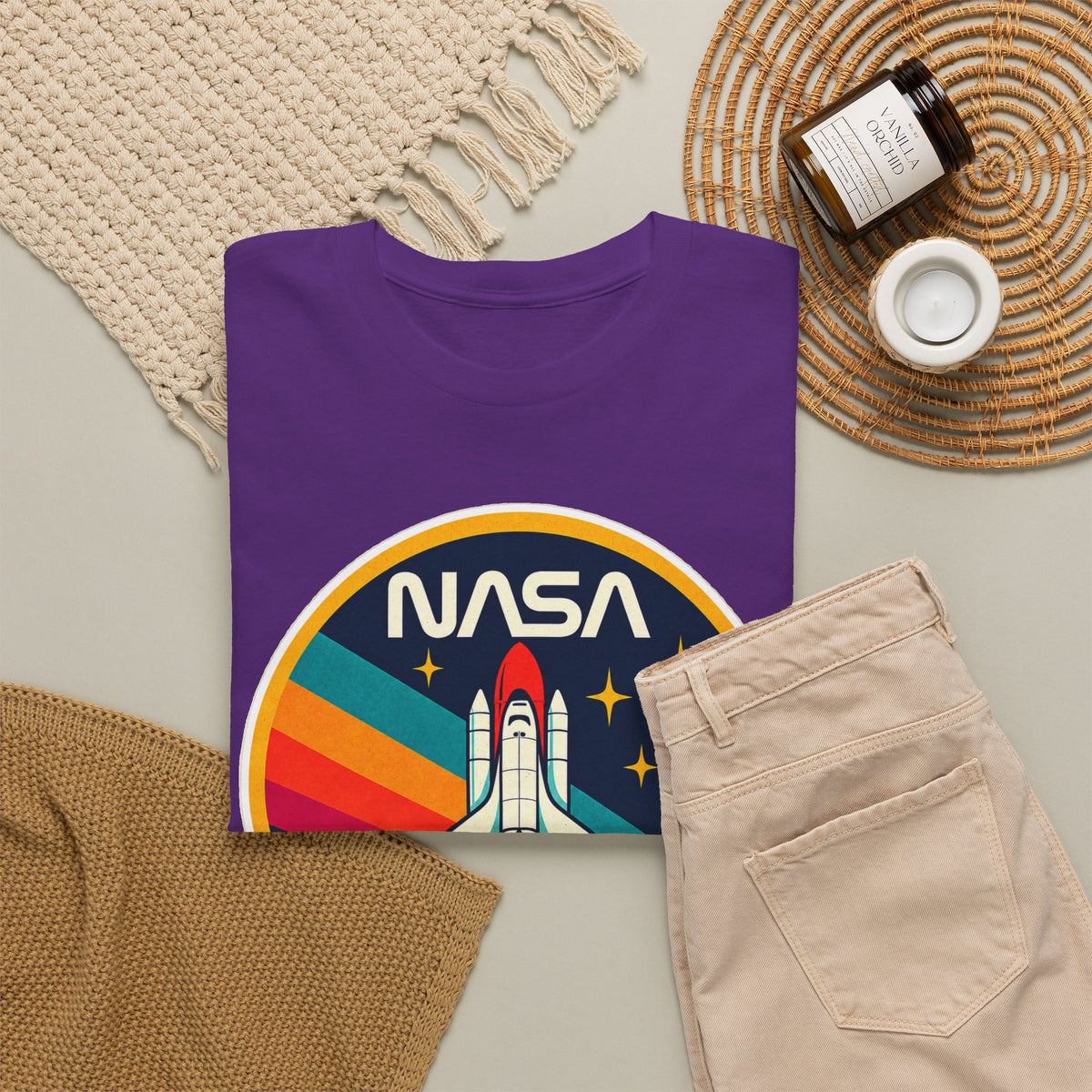 NASA Retro Rocket T‑Shirt — Vintage Space Shuttle Tee with Rainbow Trail