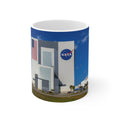 NASA Vehicle Assembly Building Photo Mug — American Flag Kennedy Space Center Souvenir (11oz & 15oz)