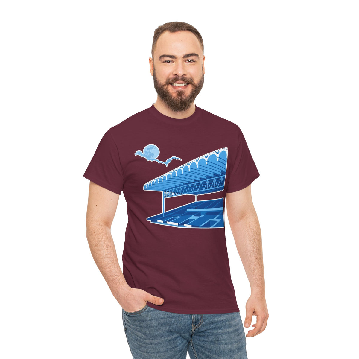 Manchester City Maine Road, Main Stand Cotton T-Shirt — Blue Retro Sports Venue Tee