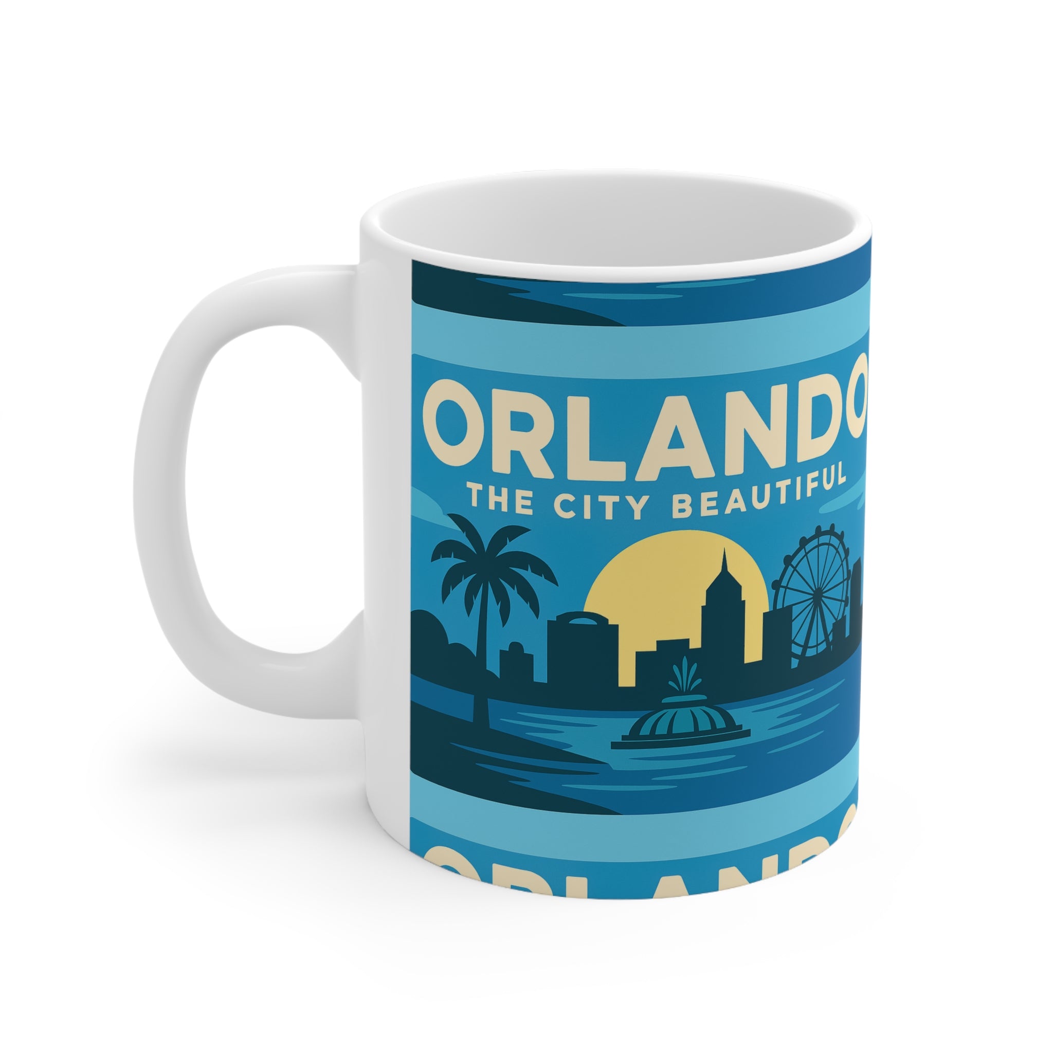 Orlando Retro Blue Skyline Mug — 'Orlando The City Beautiful' Ceramic Coffee Cup (11oz & 15oz)