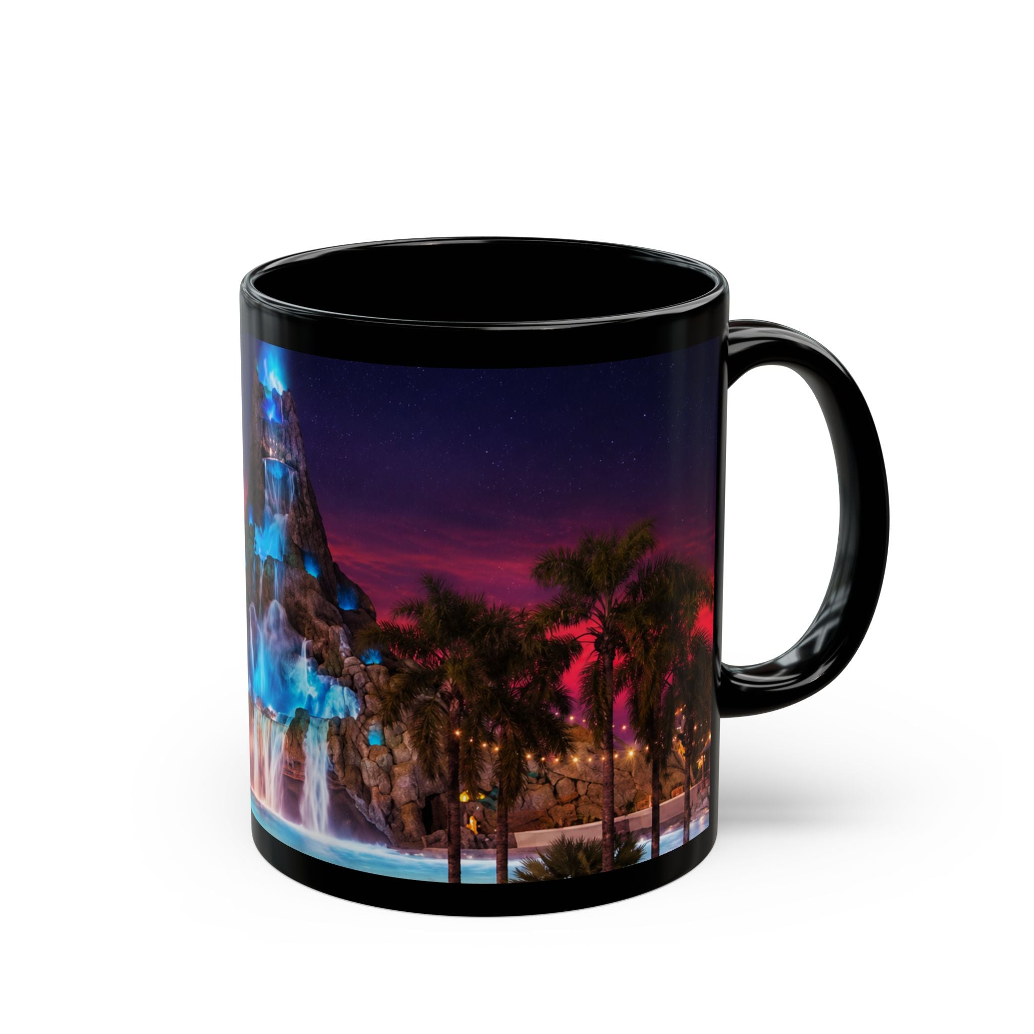 Volcano Bay at Night Black Mug — Illuminated Waterfall & Palm Tree Coffee Cup (11oz/15oz)