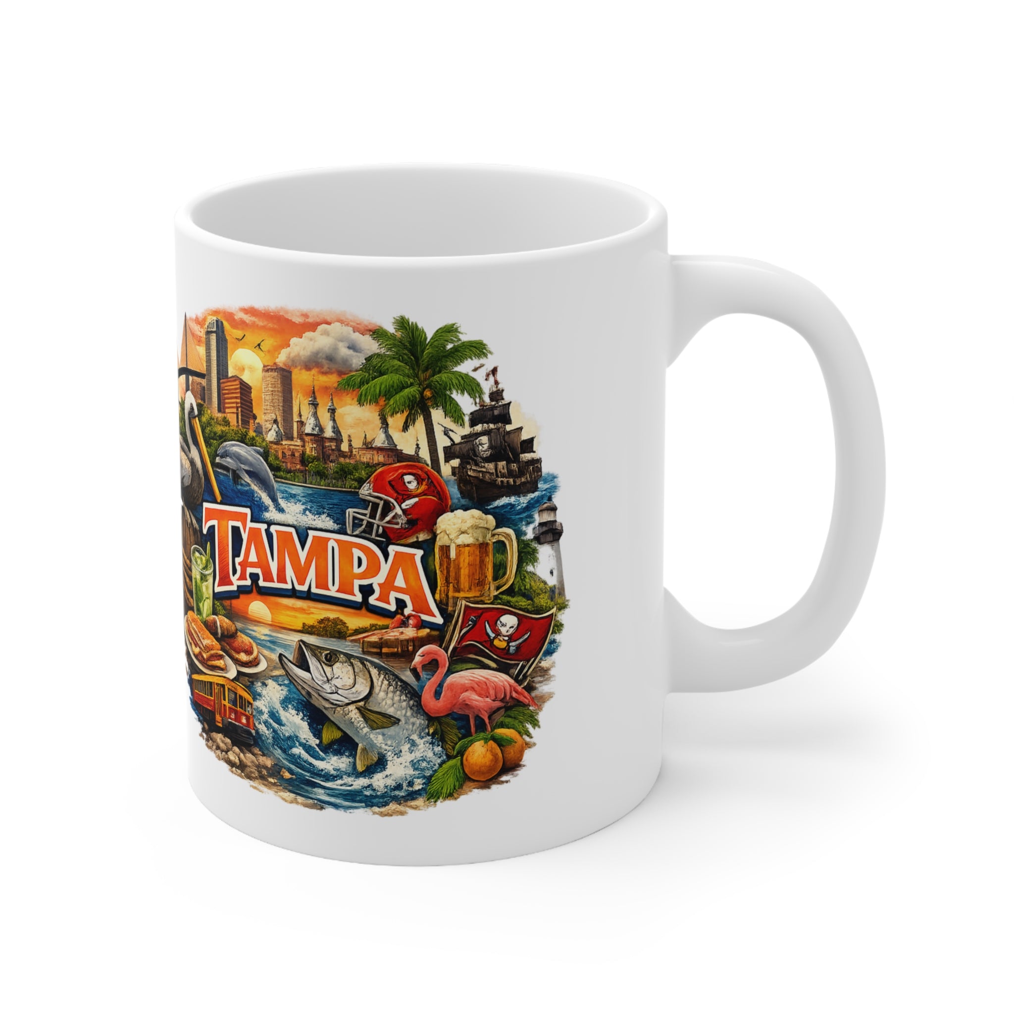 Tampa Cityscape Ceramic Coffee Mug — 11oz & 15oz Souvenir Mug with Skyline, Pelican & Tropical Icons