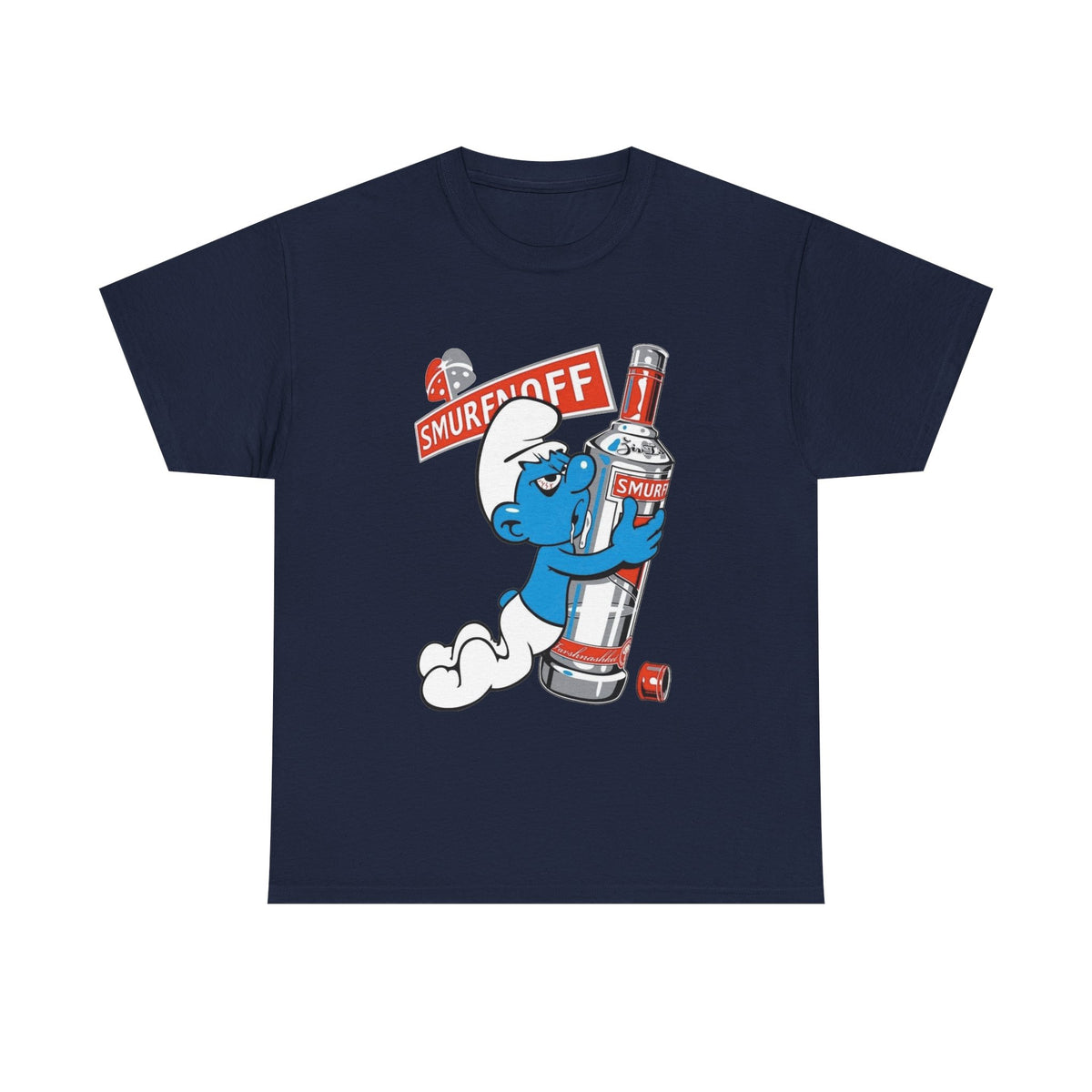Smurf Holding Bottle Graphic Tee — "Smurf Off" Retro Cartoon T-Shirt