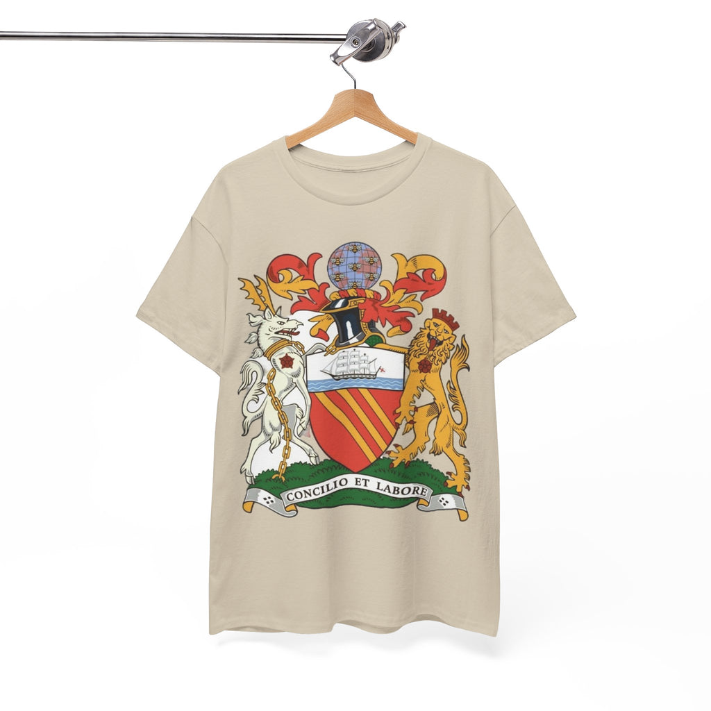 Manchester Coat of Arms Crest T‑Shirt — Heraldic Family Shield Tee with 'Concilio et Labore' Banner