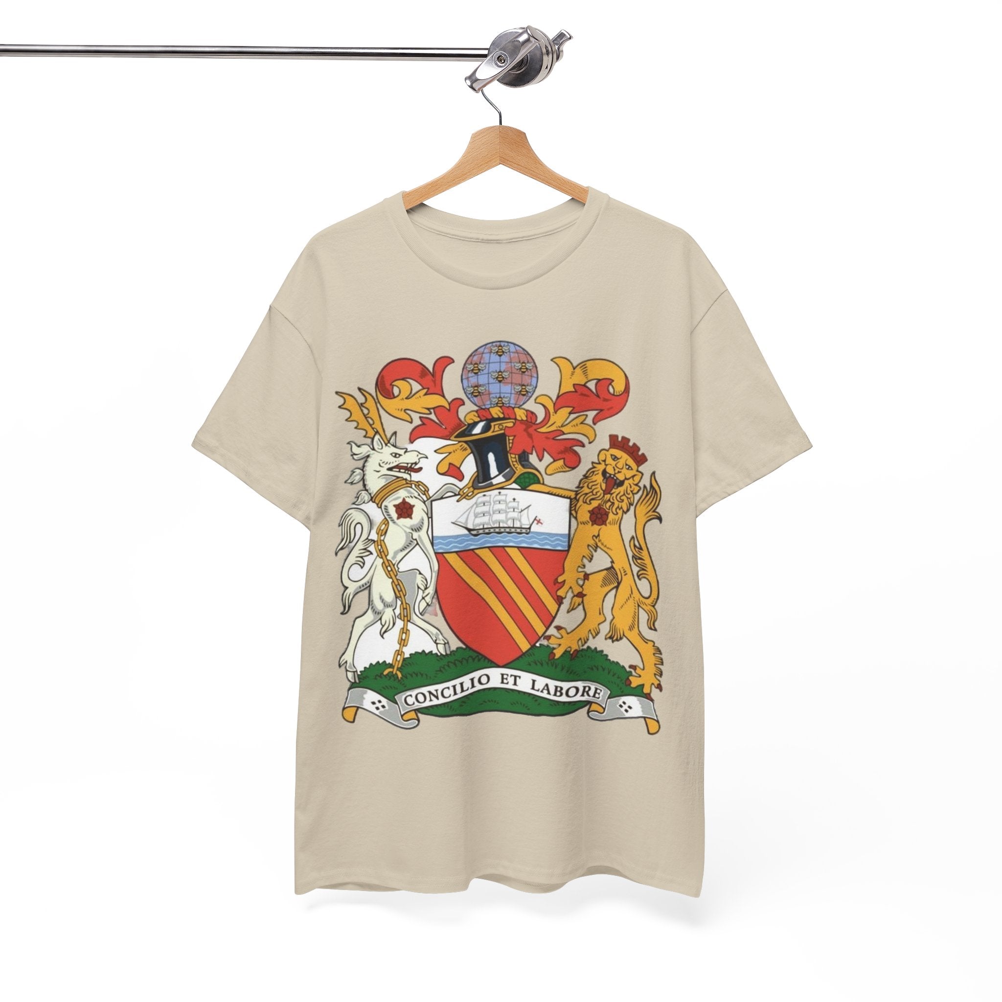 Manchester Coat of Arms Crest T‑Shirt — Heraldic Family Shield Tee with 'Concilio et Labore' Banner