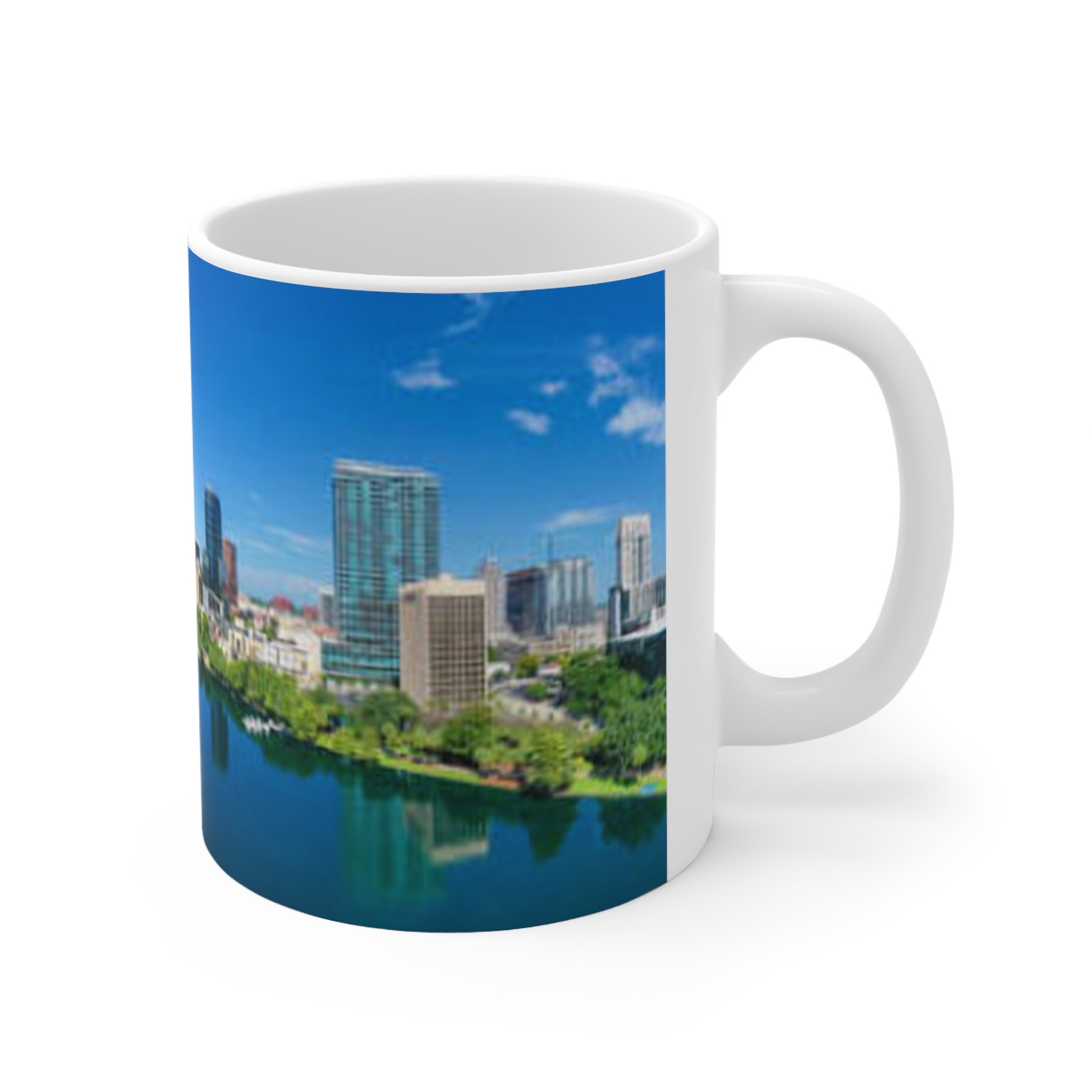 City Skyline Mug — Blue Lake Reflection Ceramic Coffee Cup (11oz & 15oz)
