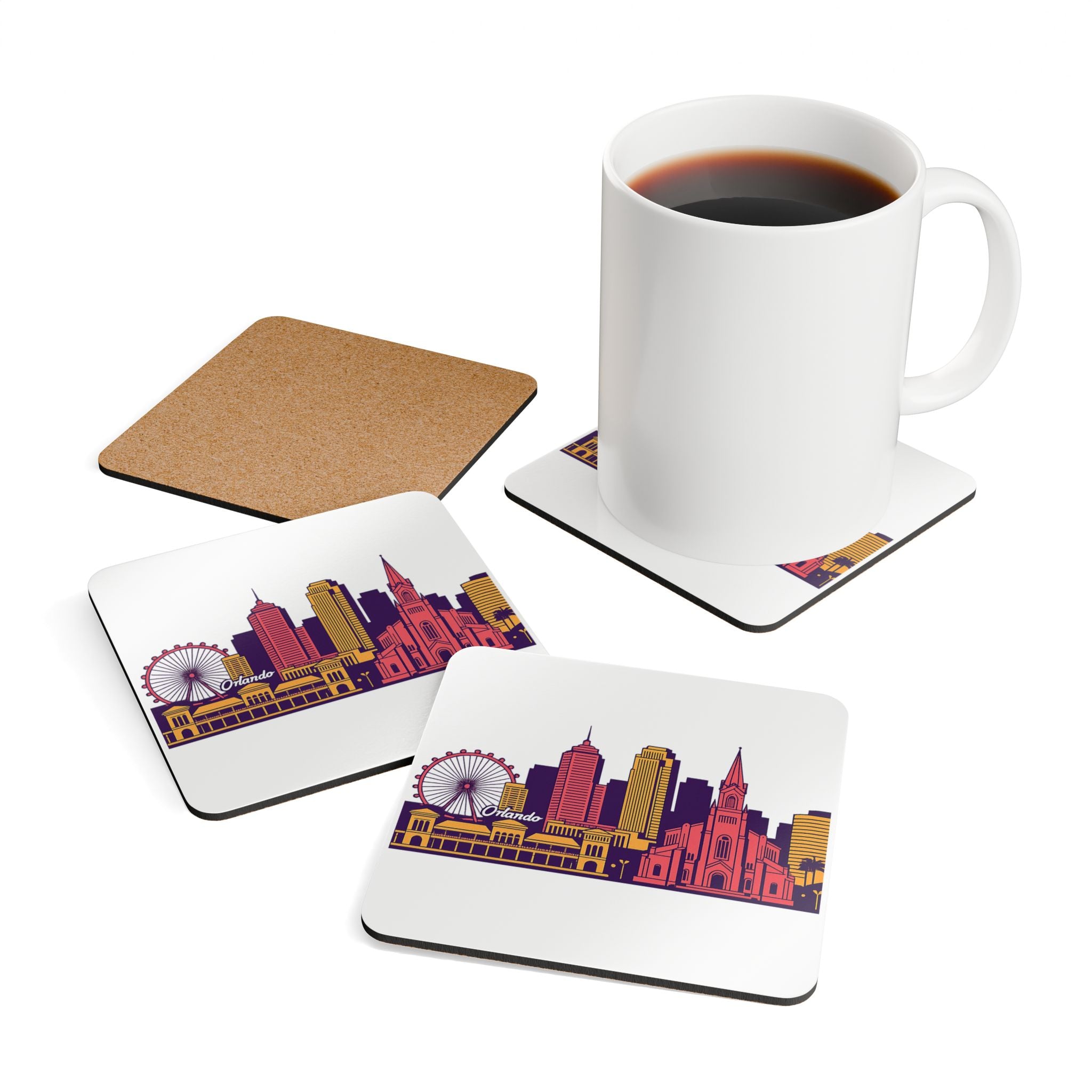 Orlando Skyline Cork Coaster Set – Colorful Cityscape Drink Coasters (4-Pack)