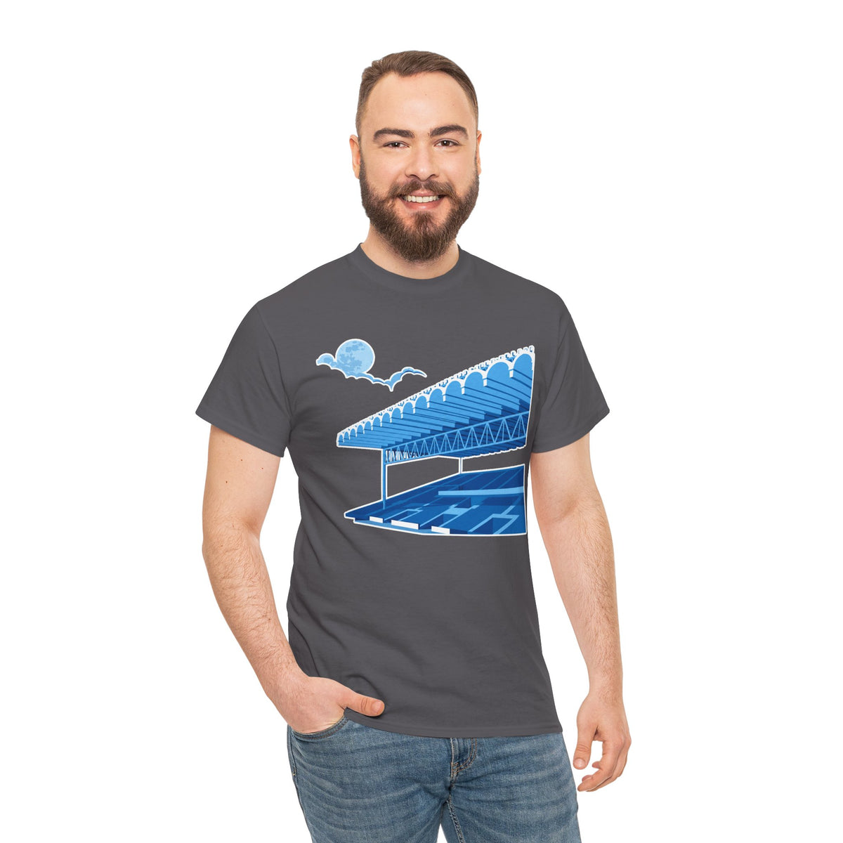 Manchester City Maine Road, Main Stand Cotton T-Shirt — Blue Retro Sports Venue Tee