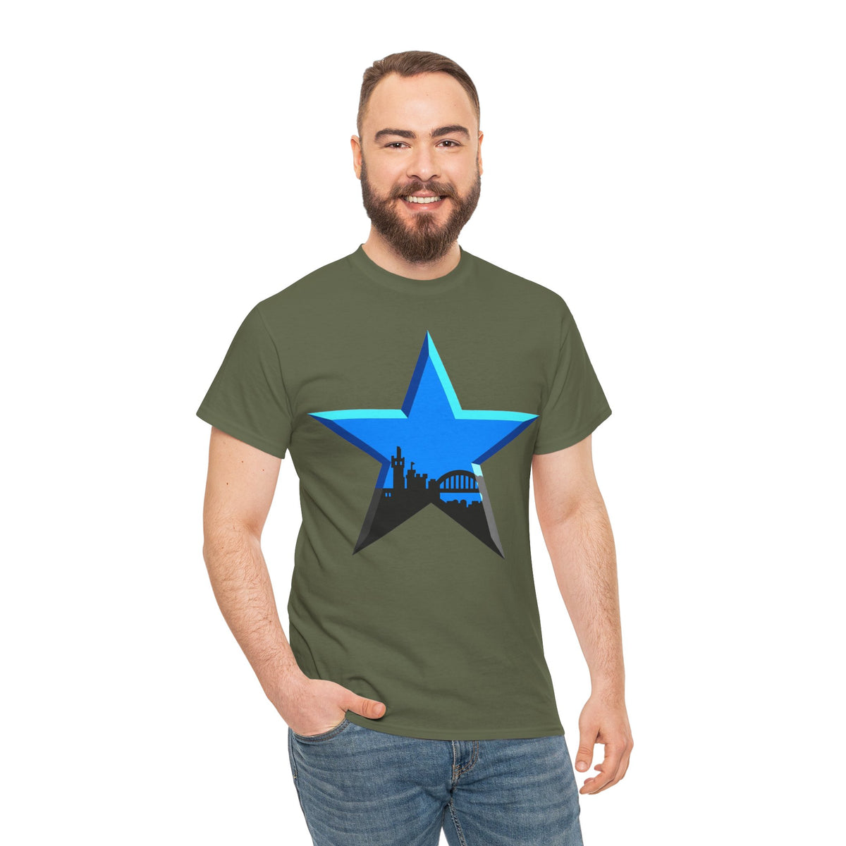 Newcastle City Skyline Star Retro Cotton T-Shirt — Blue Star with Urban Skyline Graphic