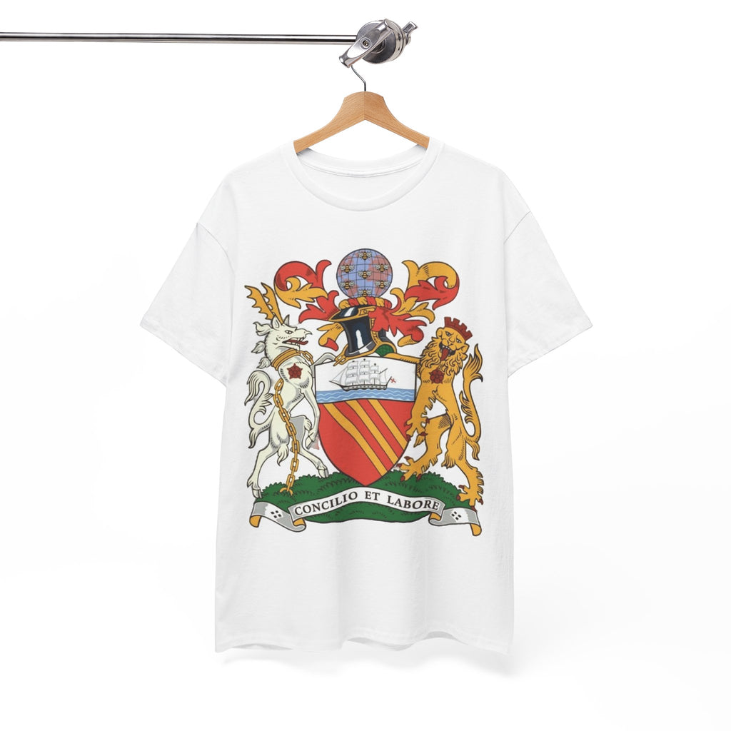 Manchester Coat of Arms Crest T‑Shirt — Heraldic Family Shield Tee with 'Concilio et Labore' Banner