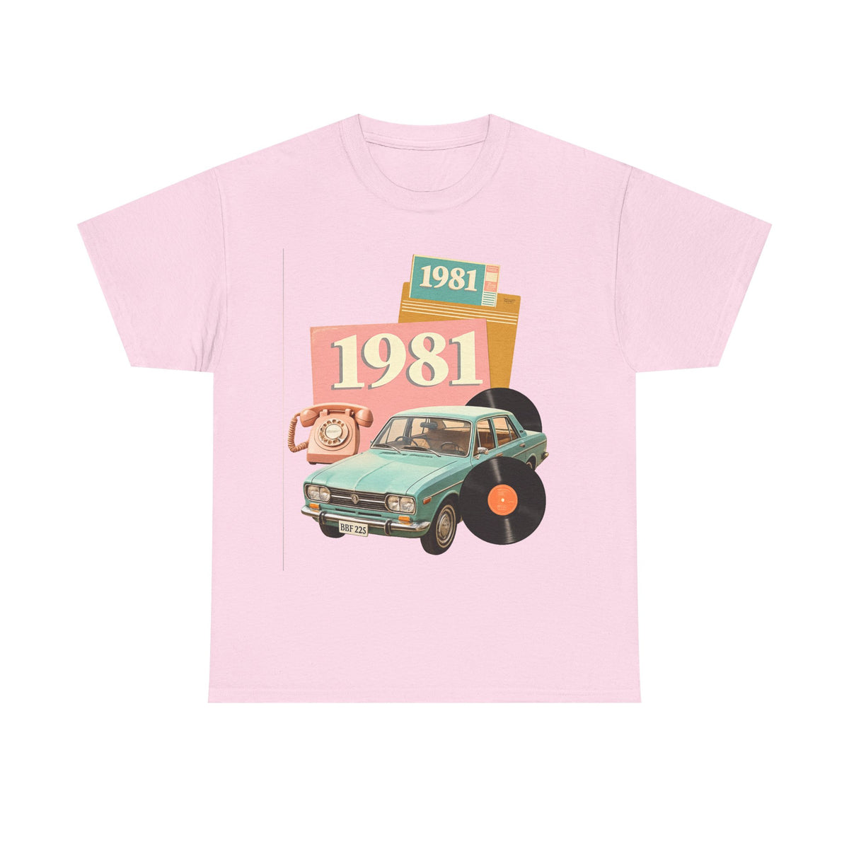 1981 Retro Car Tee — Vintage 80s Birthday T-Shirt with Record & Telephone Design