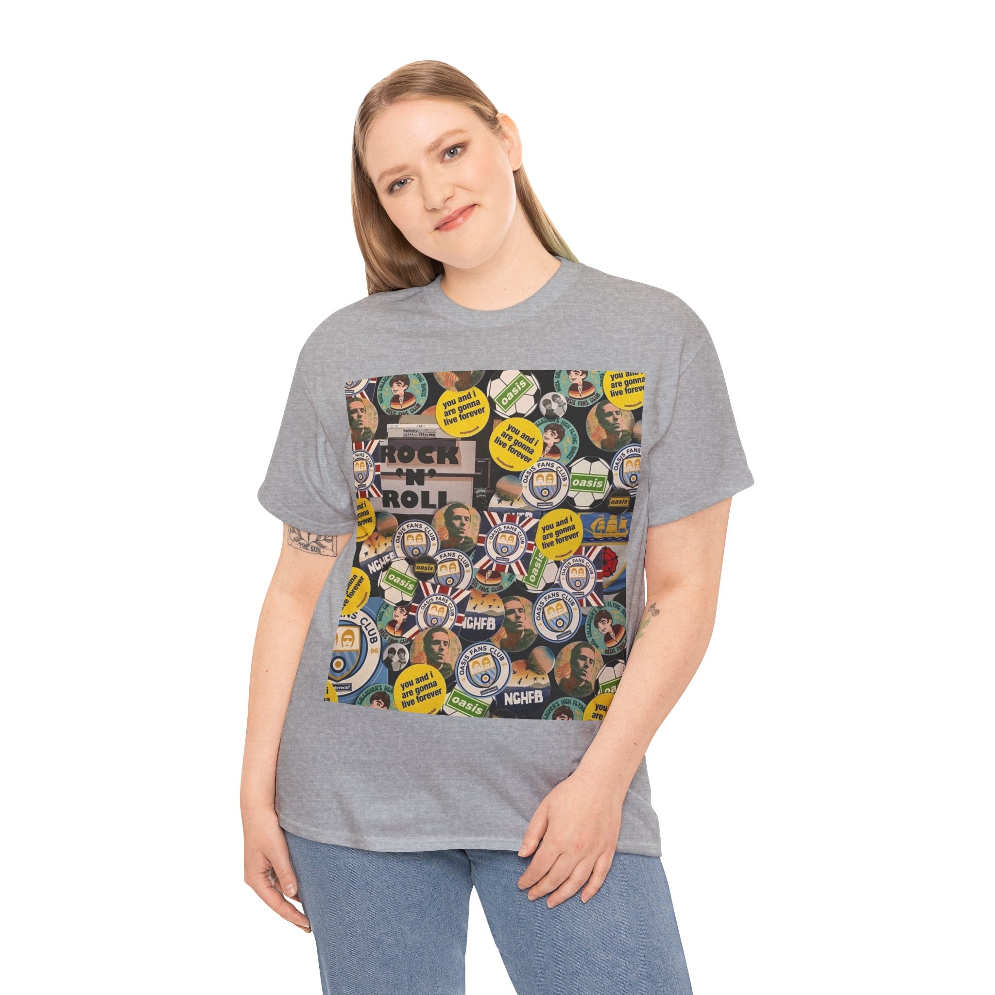 Oasis Rock & Roll Retro Button Collage Tee