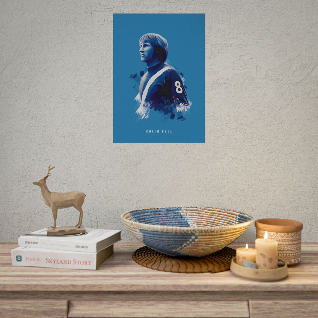 Colin Bell Manchester City Rolled Poster — Vintage Football Player 'Colin Bell' Blue Art Print