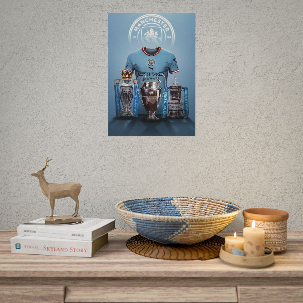 Manchester City Treble Trophies Poster — Rolled Football Wall Art