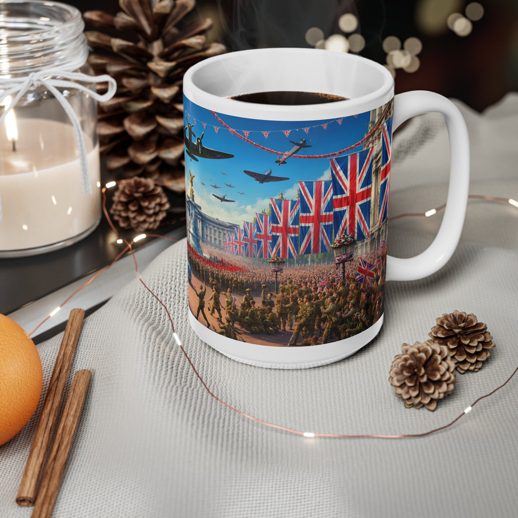 Union Jack Victory Parade Mug — Buckingham Palace Vintage WWII Commemorative Coffee Cup (11oz/15oz)