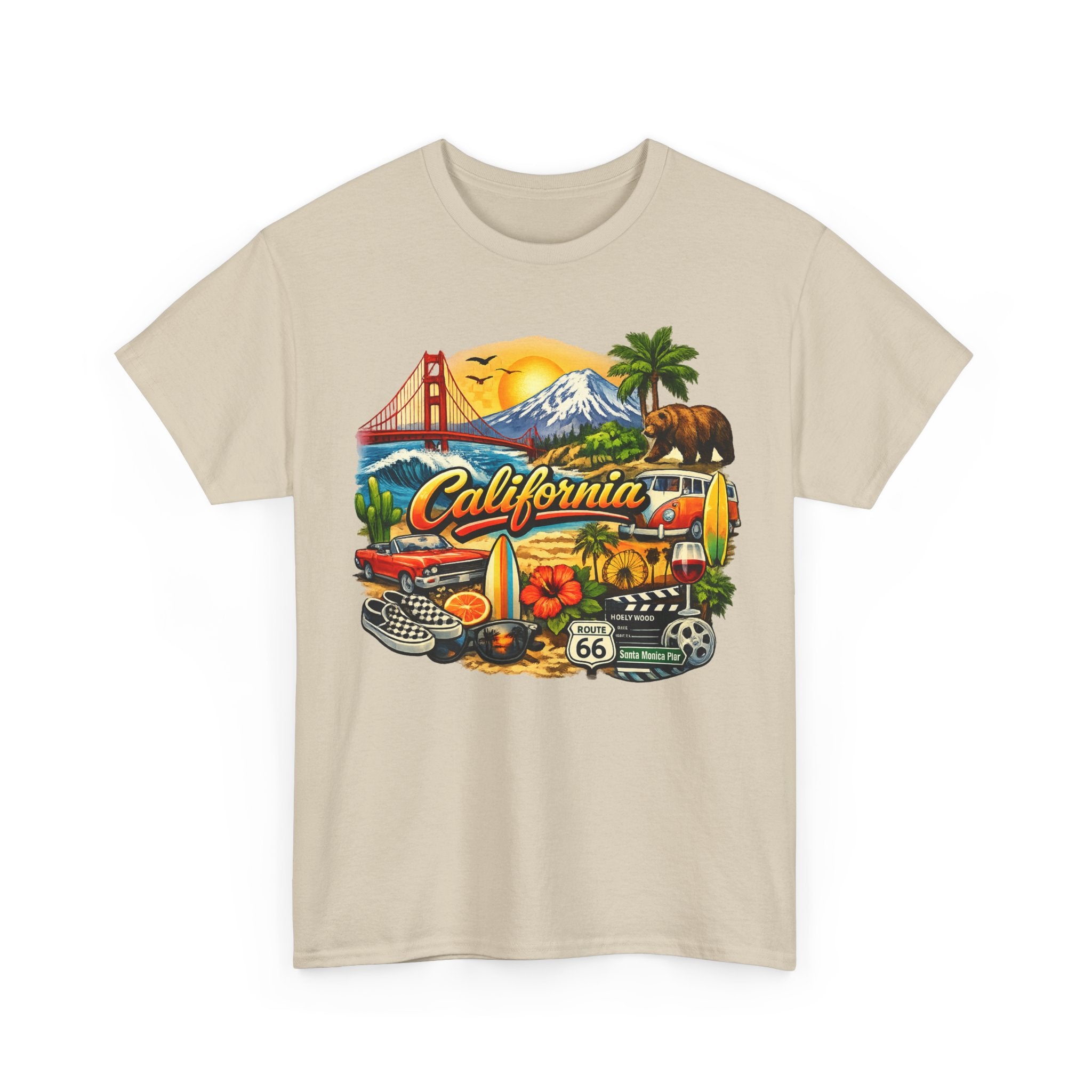 California Vintage Travel T-Shirt — Golden Gate, Palm Trees & Route 66 Tee