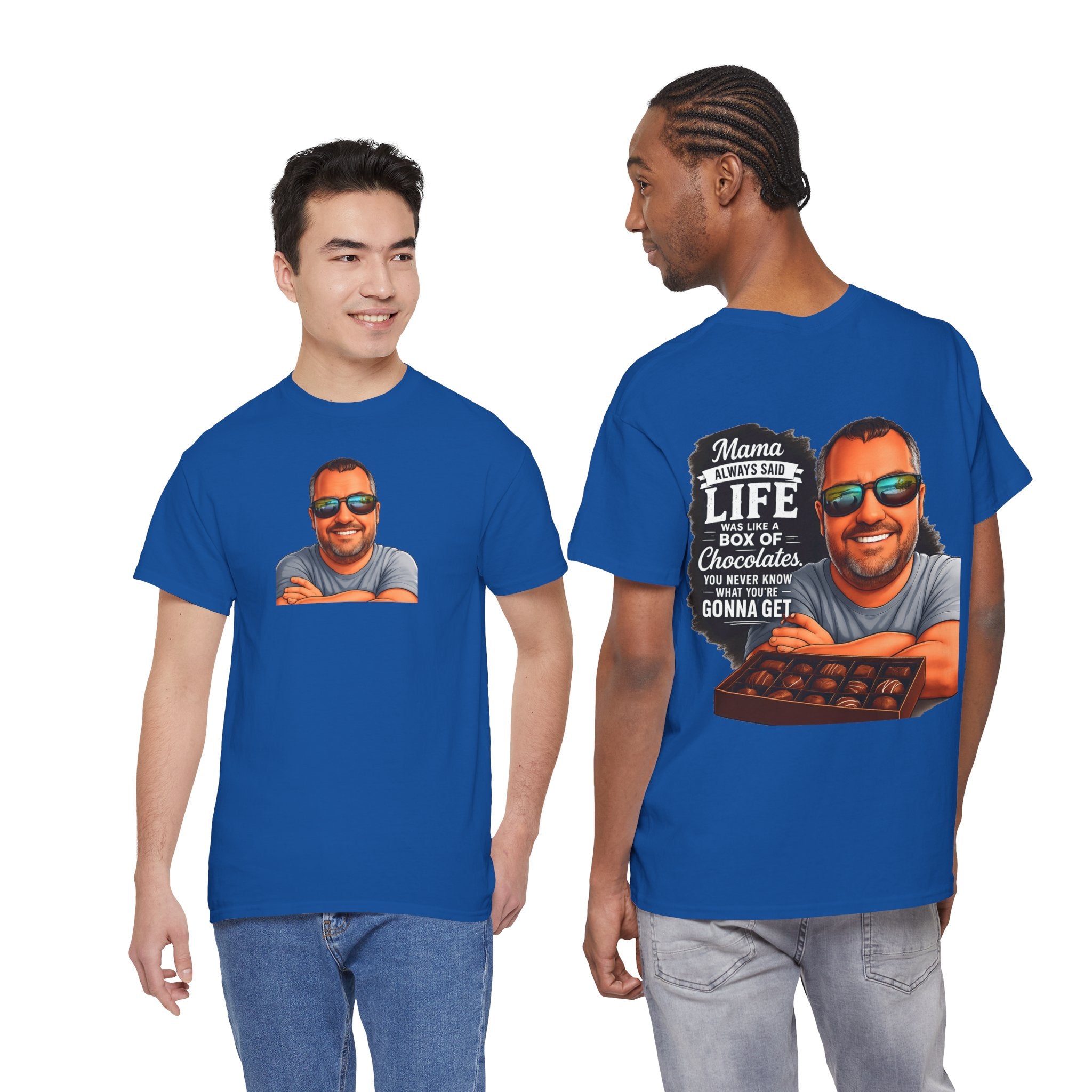 T-Shirt — "Mama Always Said Life Is Like A Box Of Chocolates" Graphic Tee (Funny Retro Portrait)