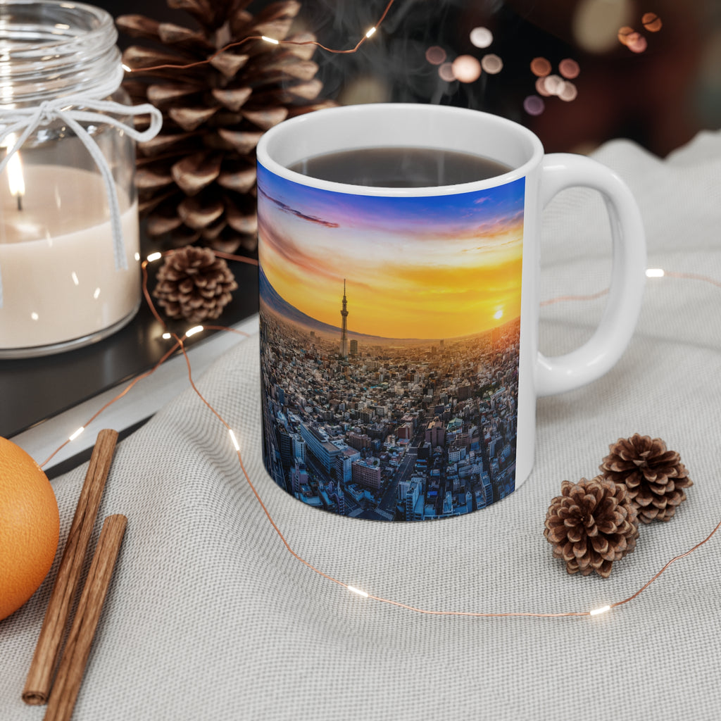 Mountain City Sunrise Ceramic Mug — Scenic Mount Fuji Panorama Coffee Cup (11oz, 15oz)