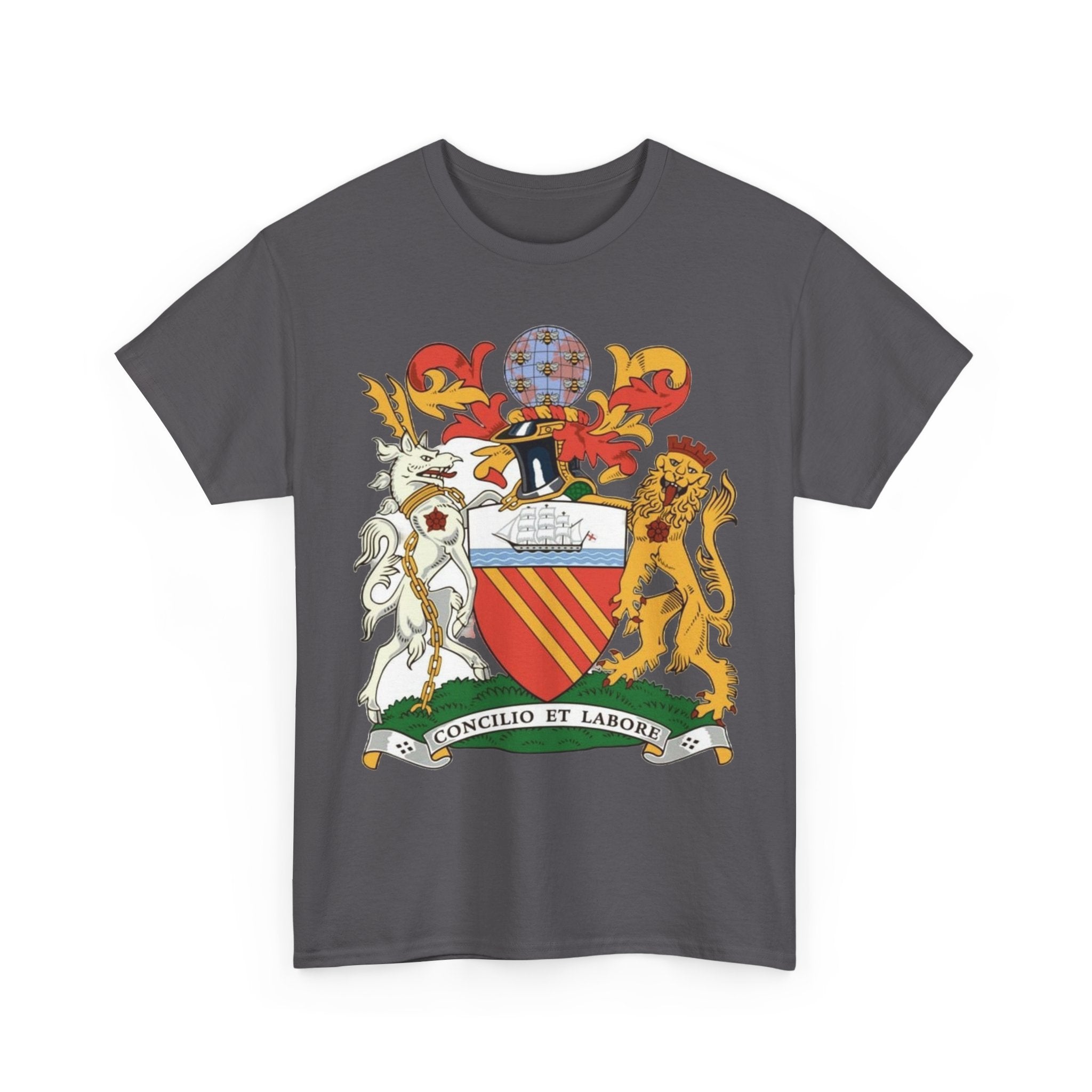 Manchester Coat of Arms Crest T‑Shirt — Heraldic Family Shield Tee with 'Concilio et Labore' Banner
