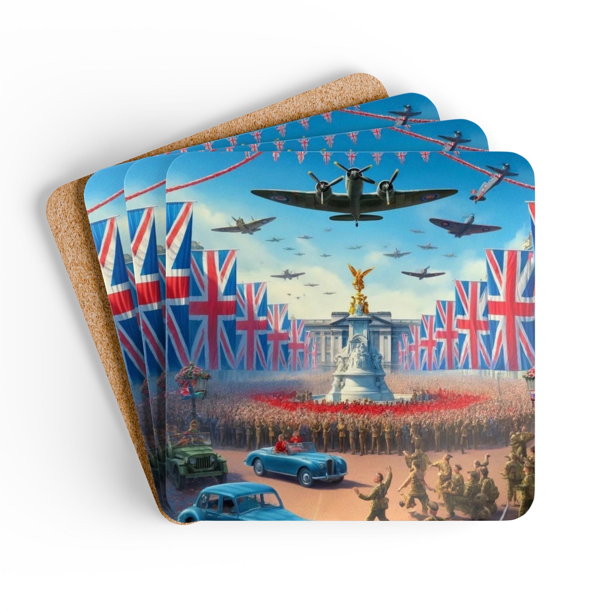 Vintage British Victory Parade Cork Coaster Set — Union Jack, Spitfires & Buckingham Palace Design