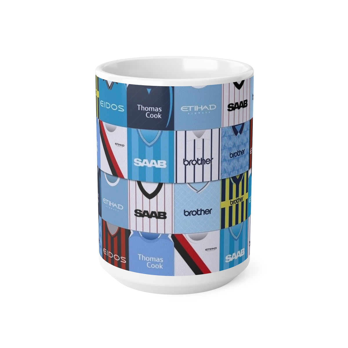 Manchester City Retro Football Kit Collage Mug — Vintage Soccer Jersey Pattern Coffee Cup (11oz & 15oz)