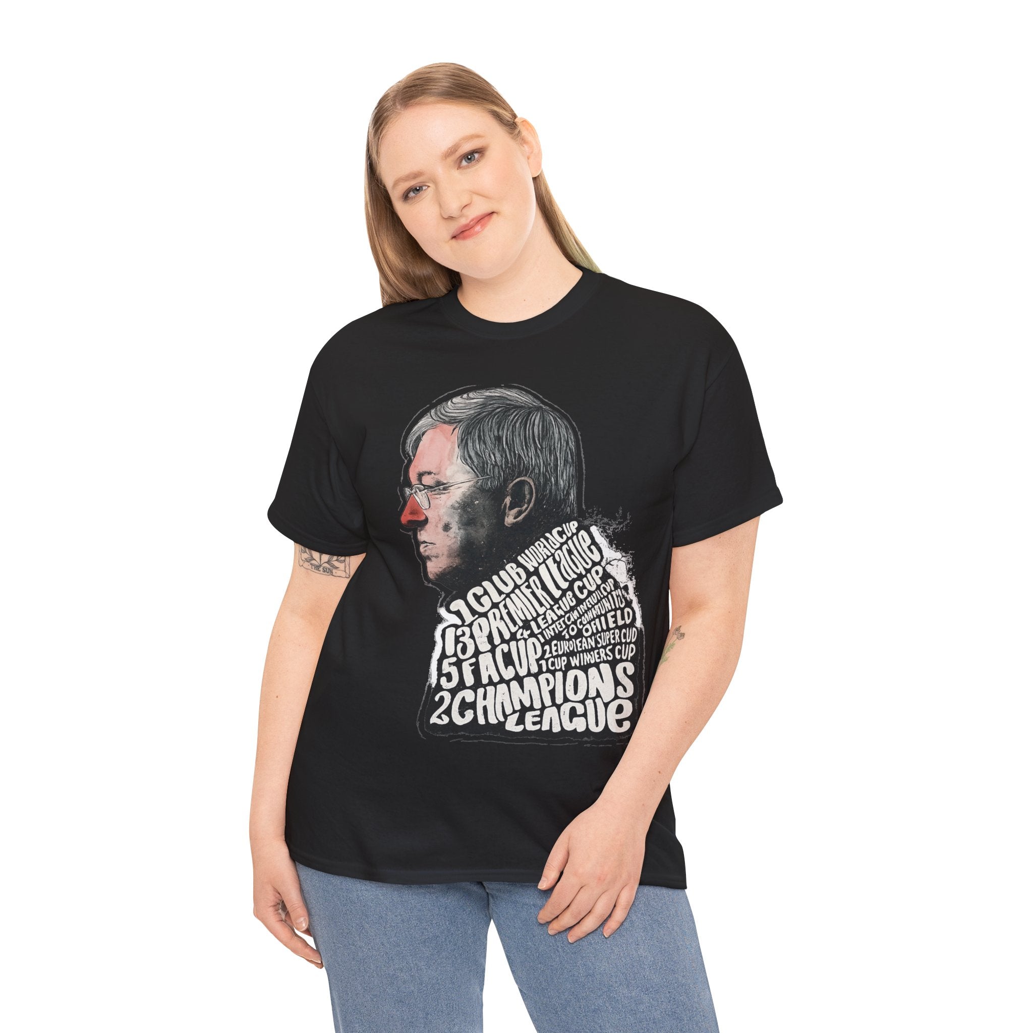 SIr Alex Ferguson Achievements Vintage Football Manager Profile Tee — Illustrated Head with Trophy Text Design