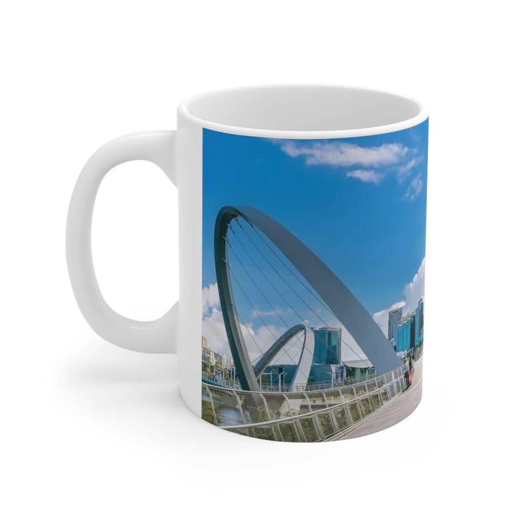 City Skyline Ceramic Mug — Modern Urban Bridge Coffee Cup (11oz & 15oz)