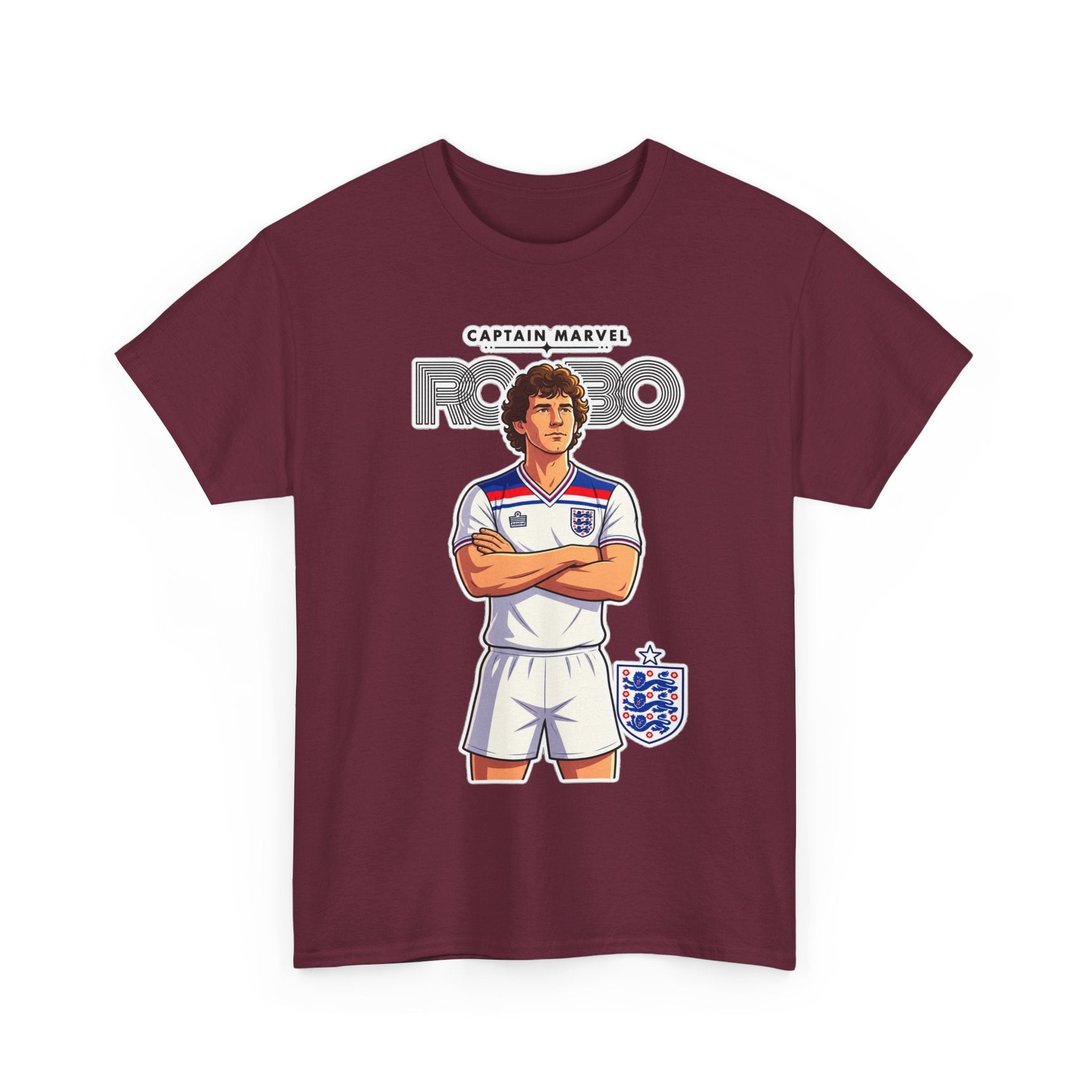 Bryan Robson Retro England Football Cotton T-Shirt / Tee — "Captain Marvel" Soccer Player Graphic
