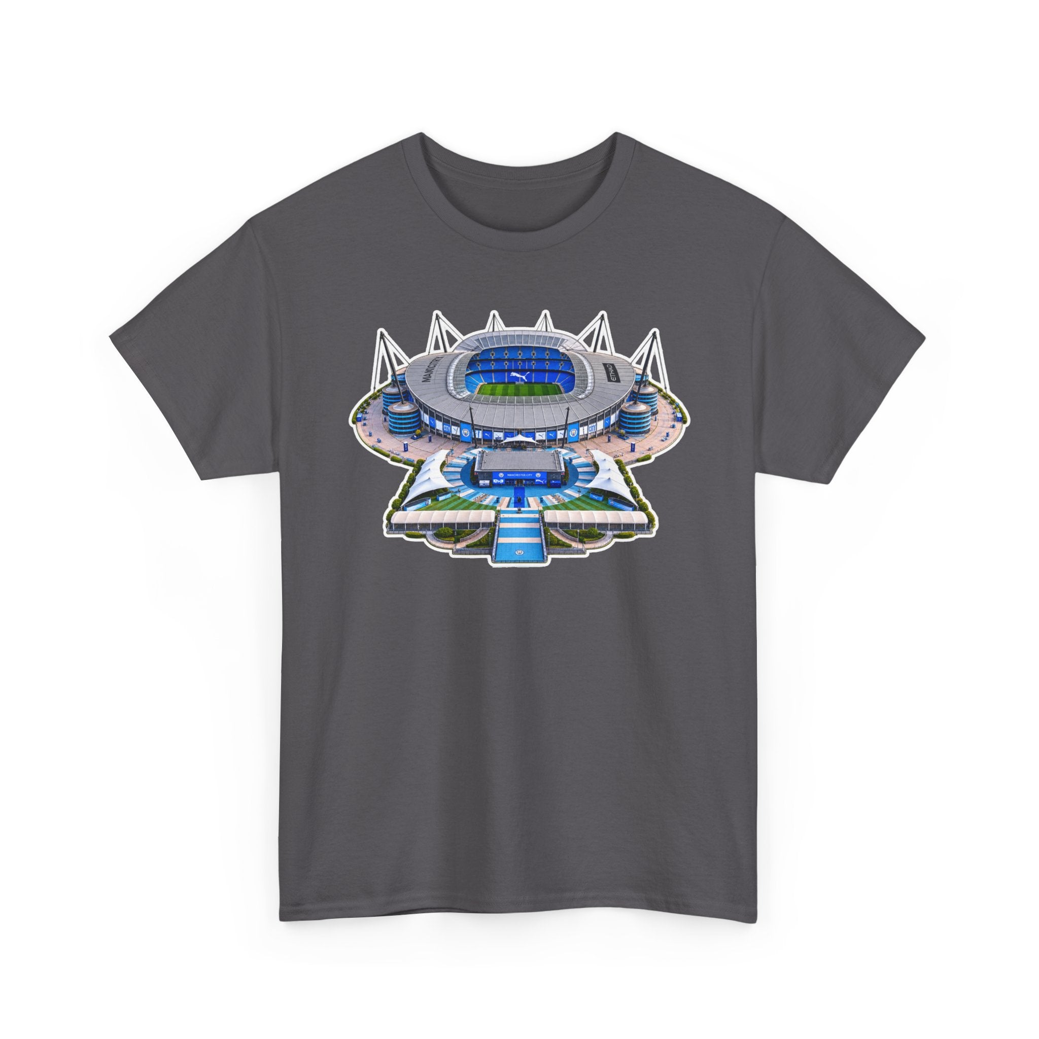 Manchester City Etihad Stadium Illustration T-Shirt — Retro Soccer Arena Graphic Tee