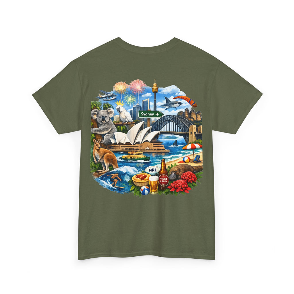 T-Shirt — Sydney Landmark Collage Tee (Opera House, Harbour Bridge, Koala & Beach Scene)