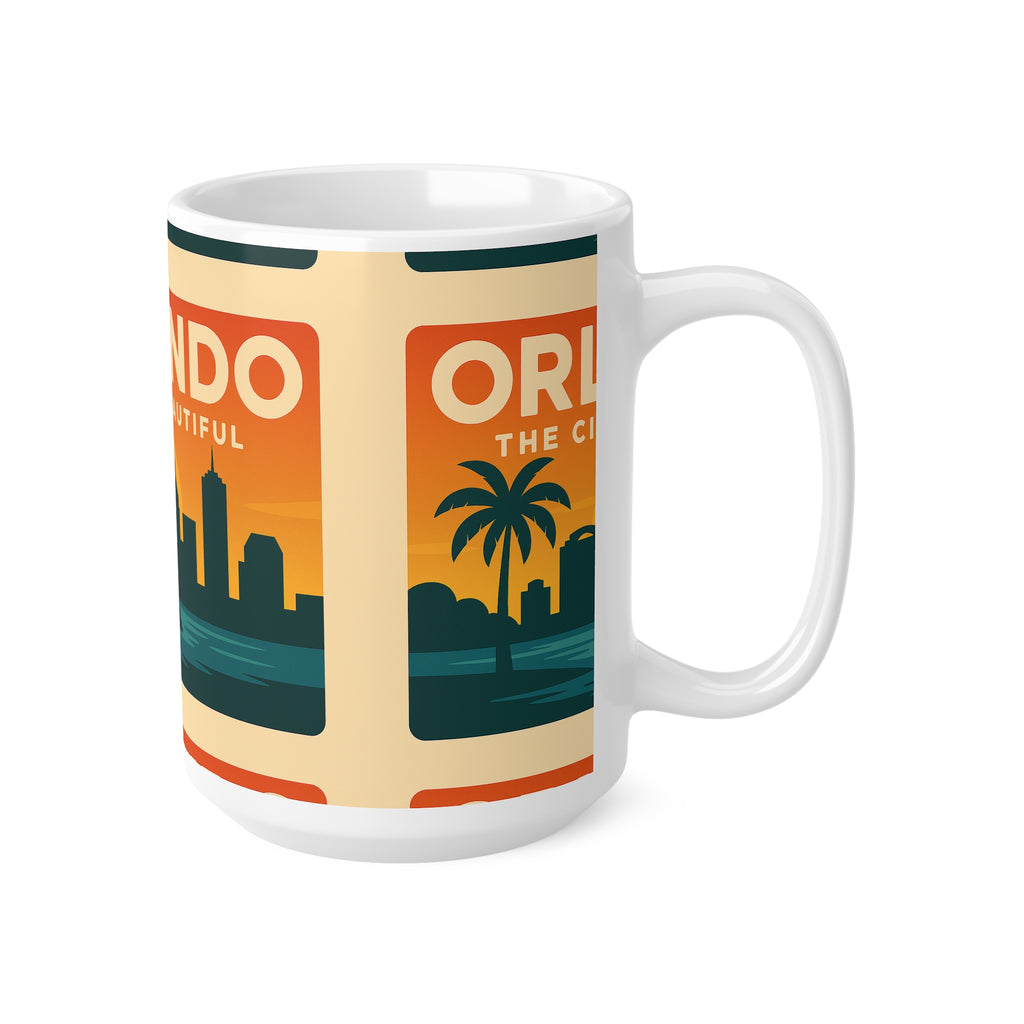 Orlando 'The City Beautiful' Orange Skyline Coffee Mug — Retro Travel Ceramic Cup (11oz & 15oz)