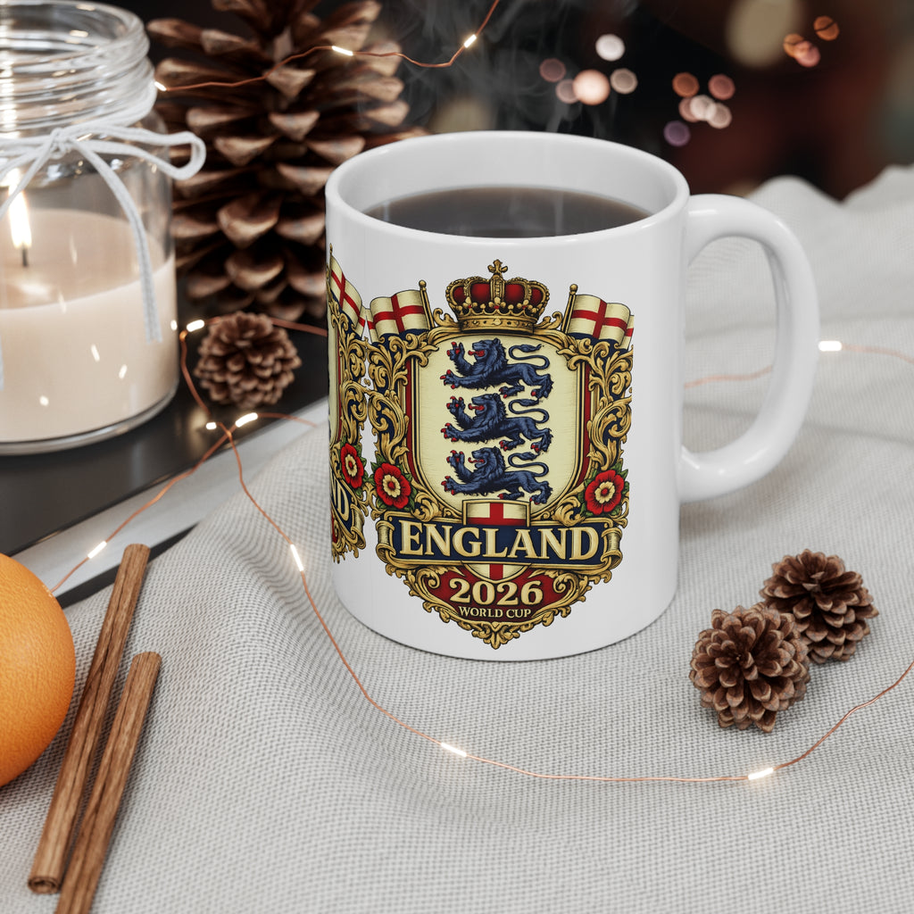 England 2026 World Cup Ceramic Mug — Vintage Three Lions Coffee Cup (11oz & 15oz)