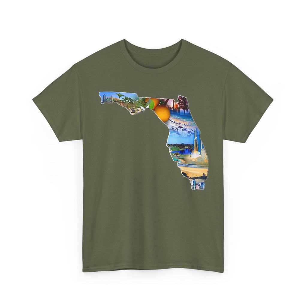 Florida State Shape T-Shirt — Scenic Beach & Sunset Map Tee