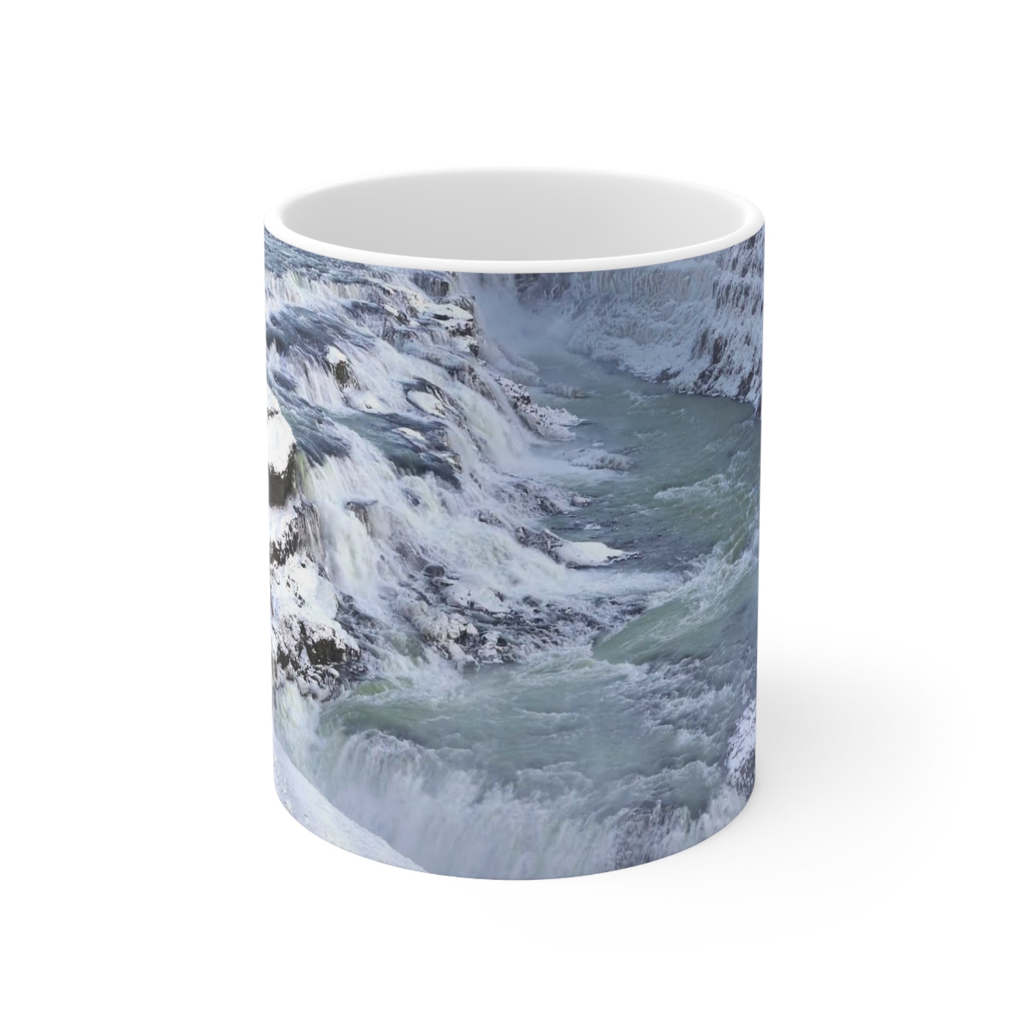 Ceramic Mug — Snowy Waterfall Scenic Coffee Cup (11oz & 15oz)