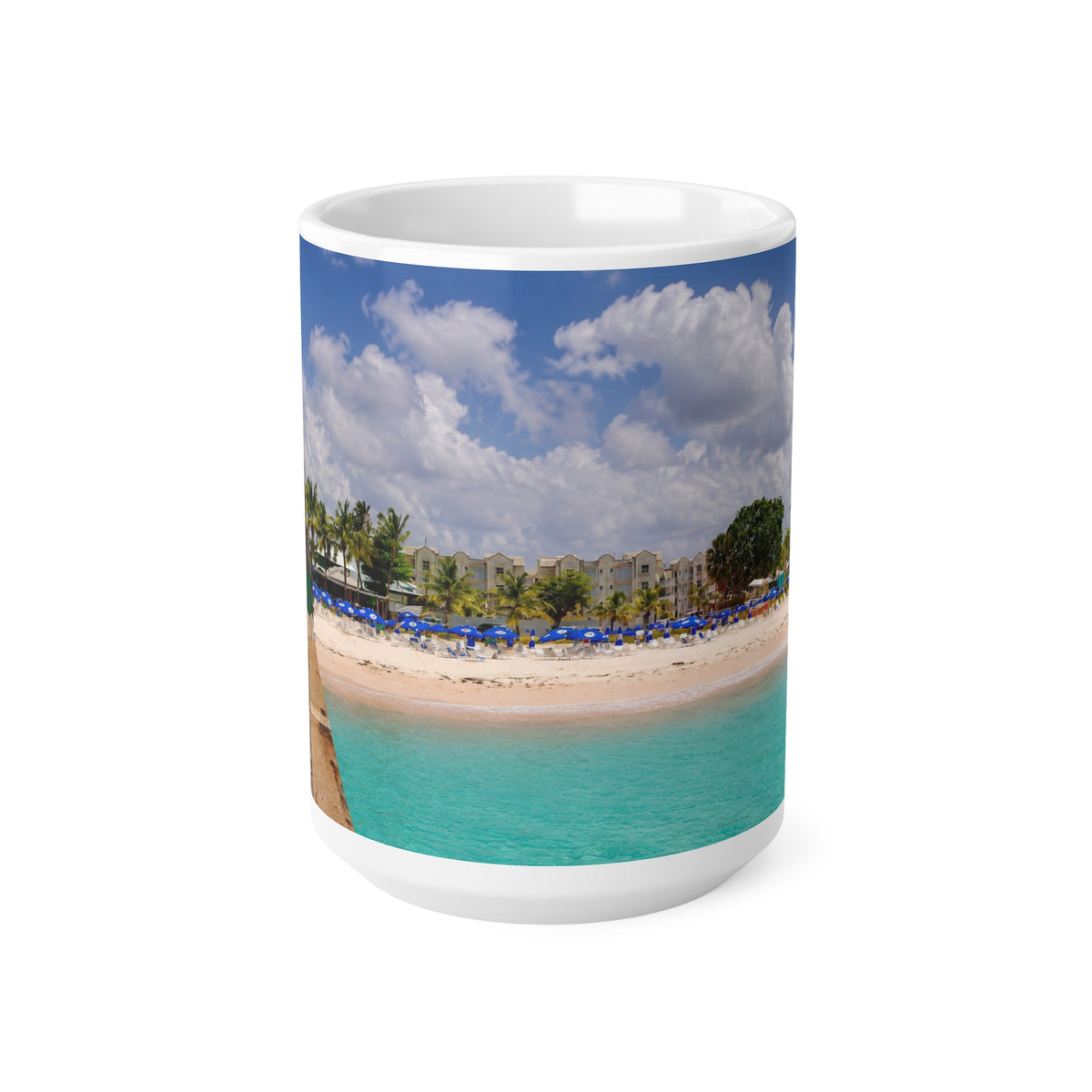 Barbados Tropical Beach Photo Mug — Scenic Dock Over Turquoise Water, 11oz & 15oz Ceramic Coffee Cup