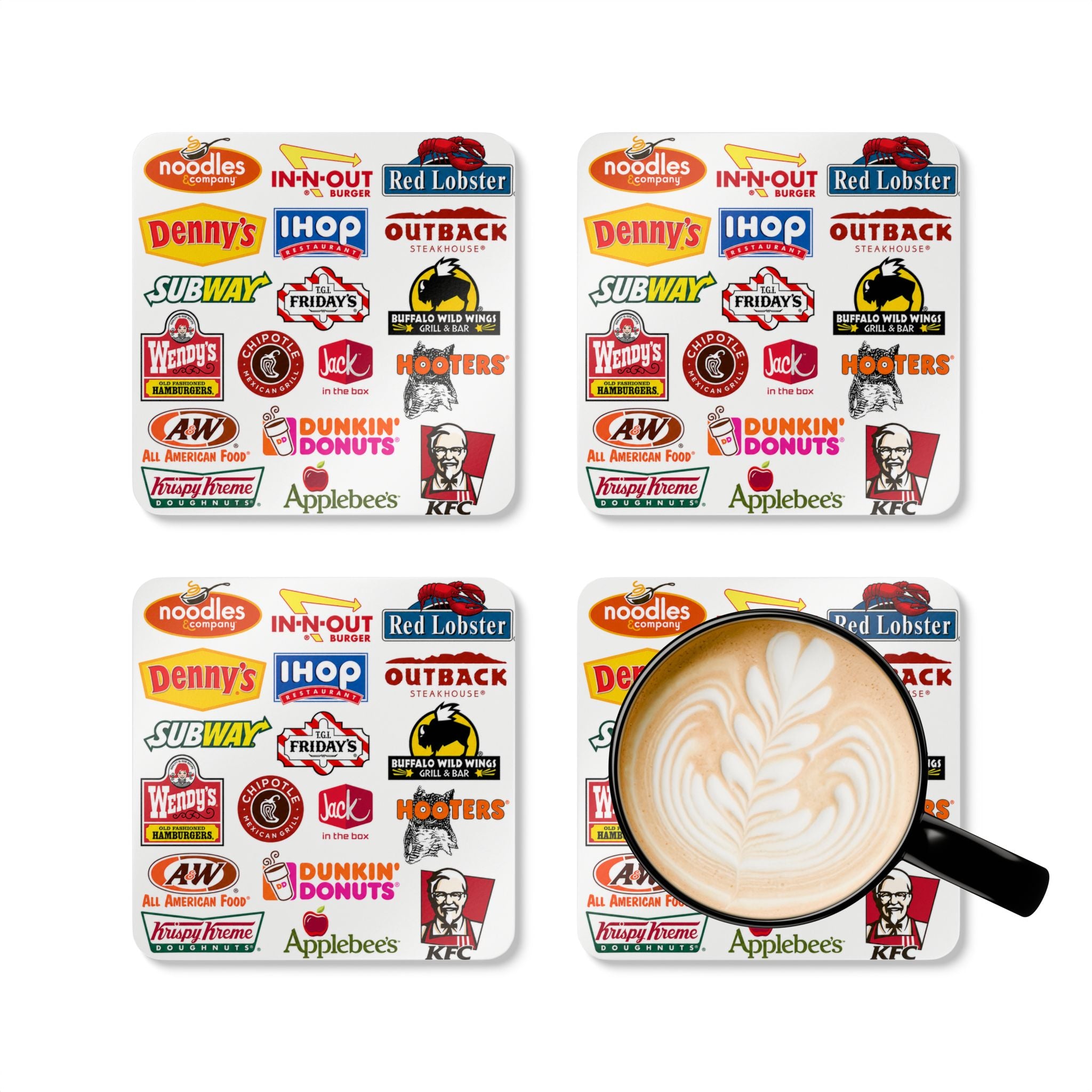 American Fast Food Logo Cork Coaster Set – Retro Restaurant Logo Drink Coasters (4-Pack)