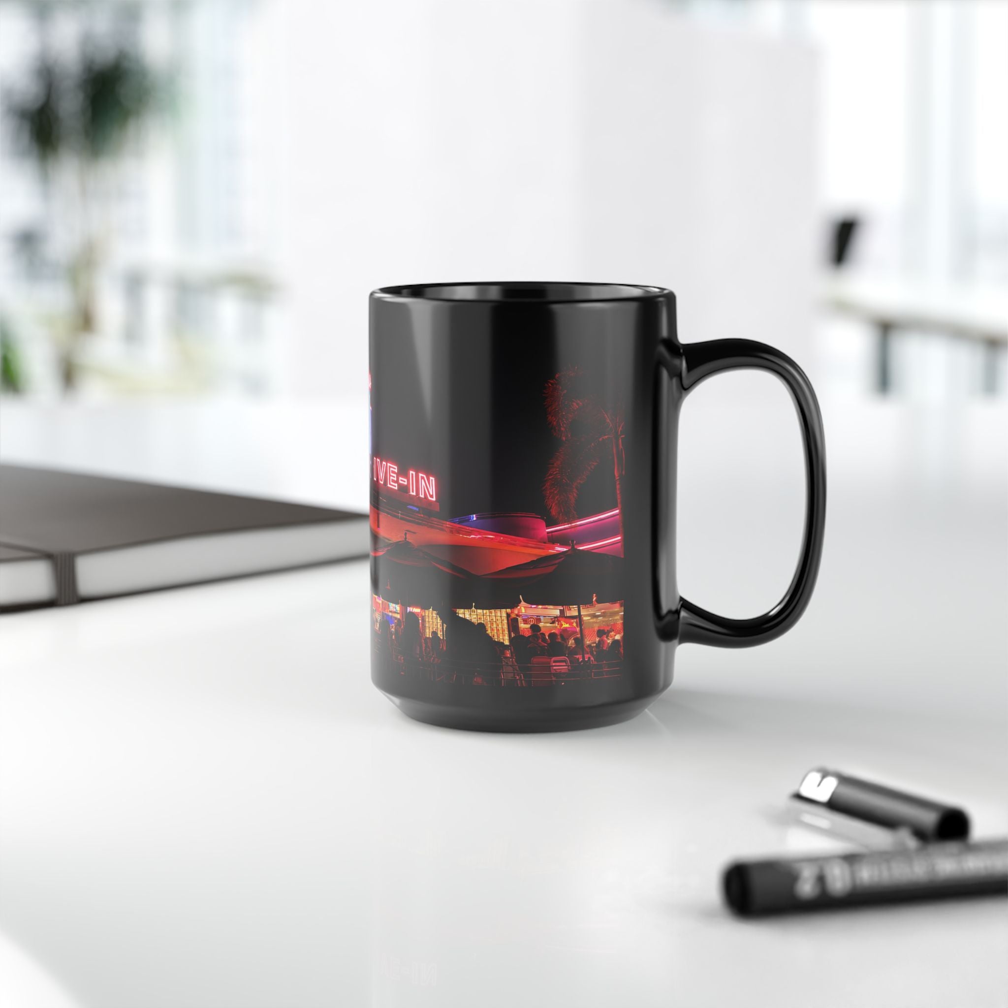 Mel's Drive-In Neon Night Coffee Mug — Retro Diner Black Ceramic Mug (11oz, 15oz)