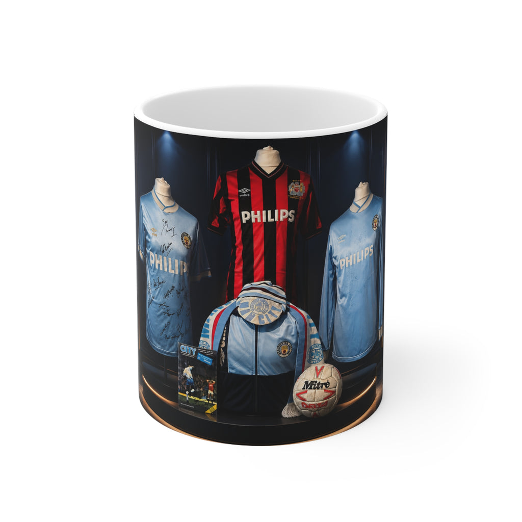 Manchester City Retro Soccer Jersey Display Ceramic Mug — Vintage Philips Football Memorabilia, 11oz/15oz